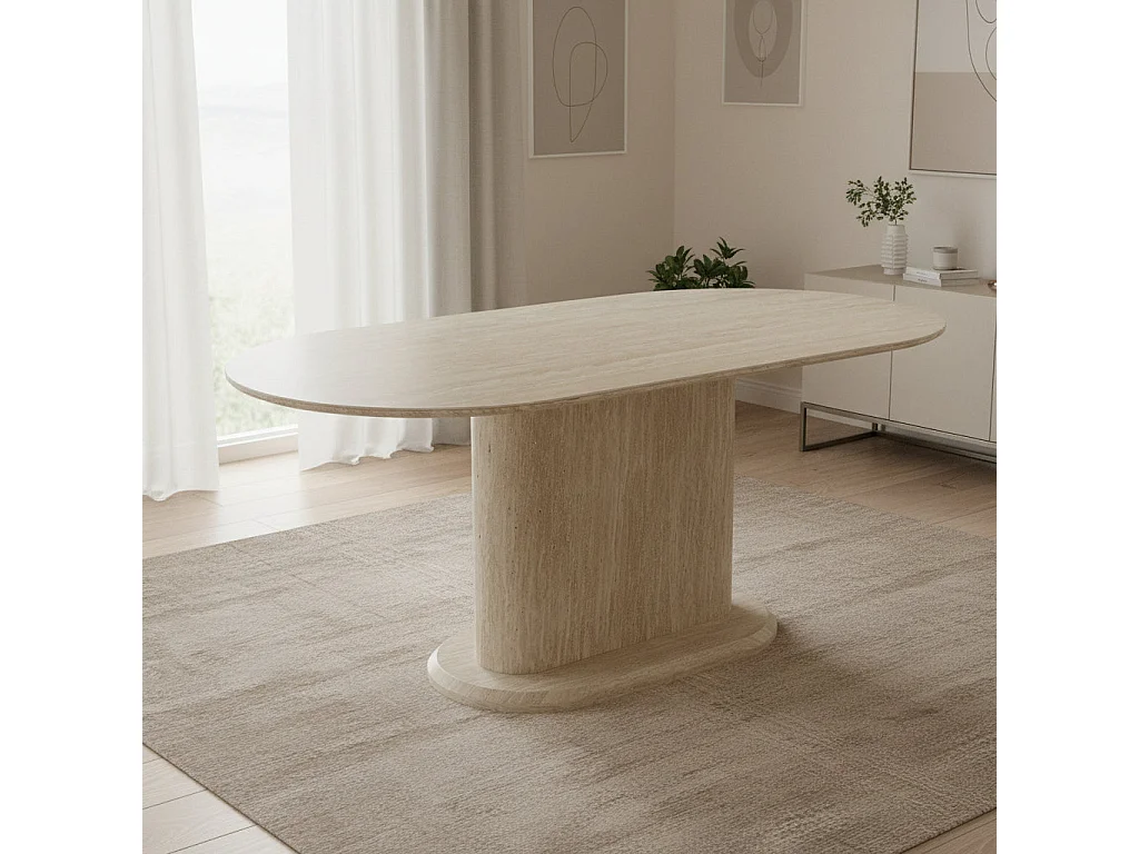 Table repas ovale 180x90 cm céramique effet travertin pied central LOKA