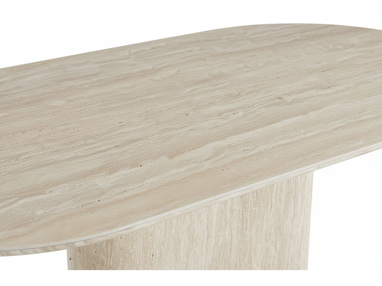 Table repas ovale 180x90 cm céramique effet travertin pied central LOKA