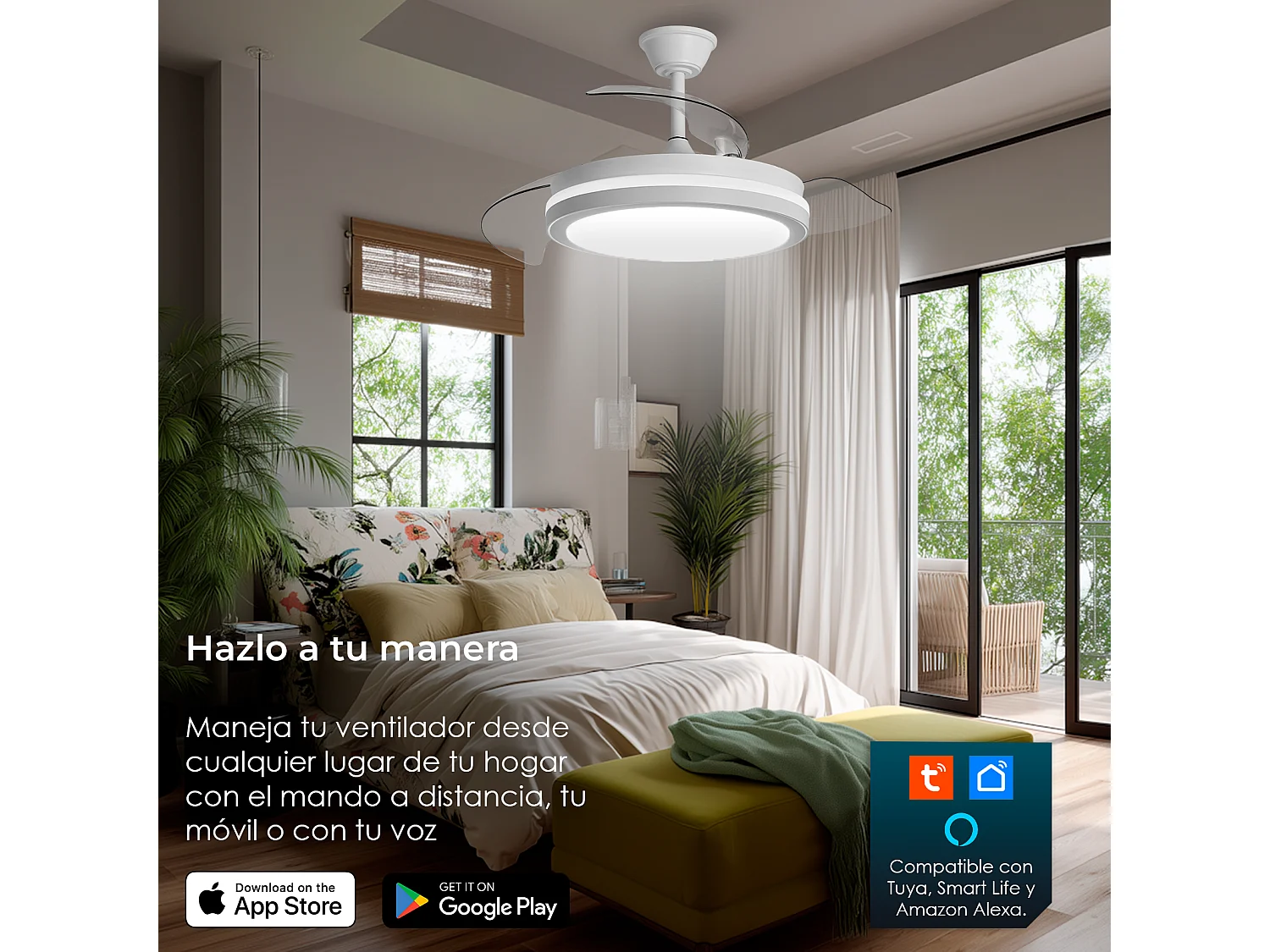Ventilador de techo con luz led motor dc – aspas retráctiles, 6 velocidades, Alexa