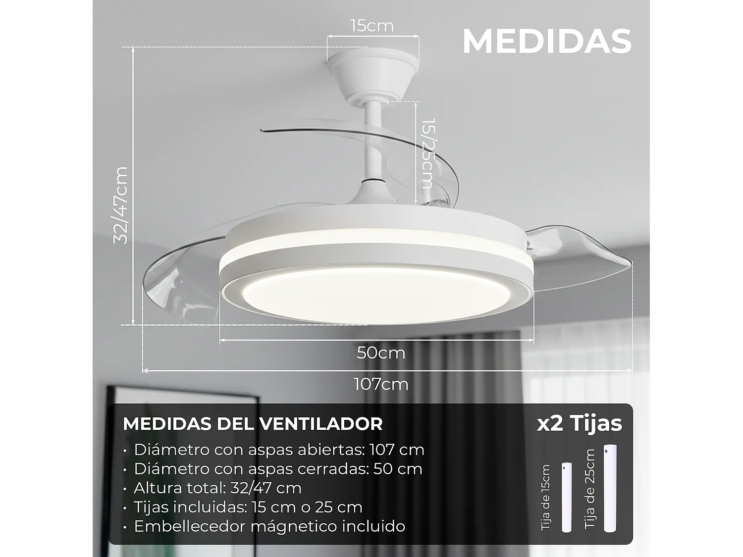 Ventilador de techo con luz led motor dc – aspas retráctiles, 6 velocidades, Alexa