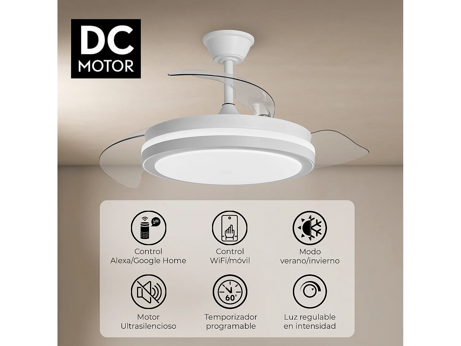 Ventilador de techo con luz led motor dc – aspas retráctiles, 6 velocidades, Alexa