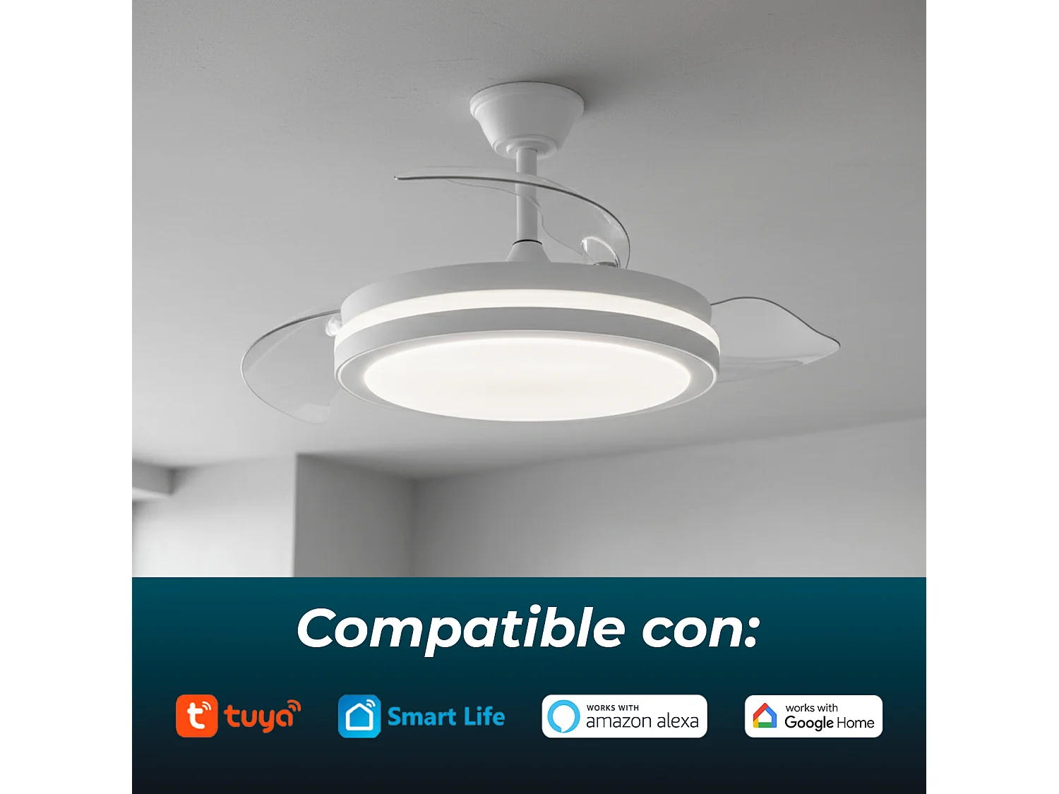 Ventilador de techo con luz led motor dc – aspas retráctiles, 6 velocidades, Alexa