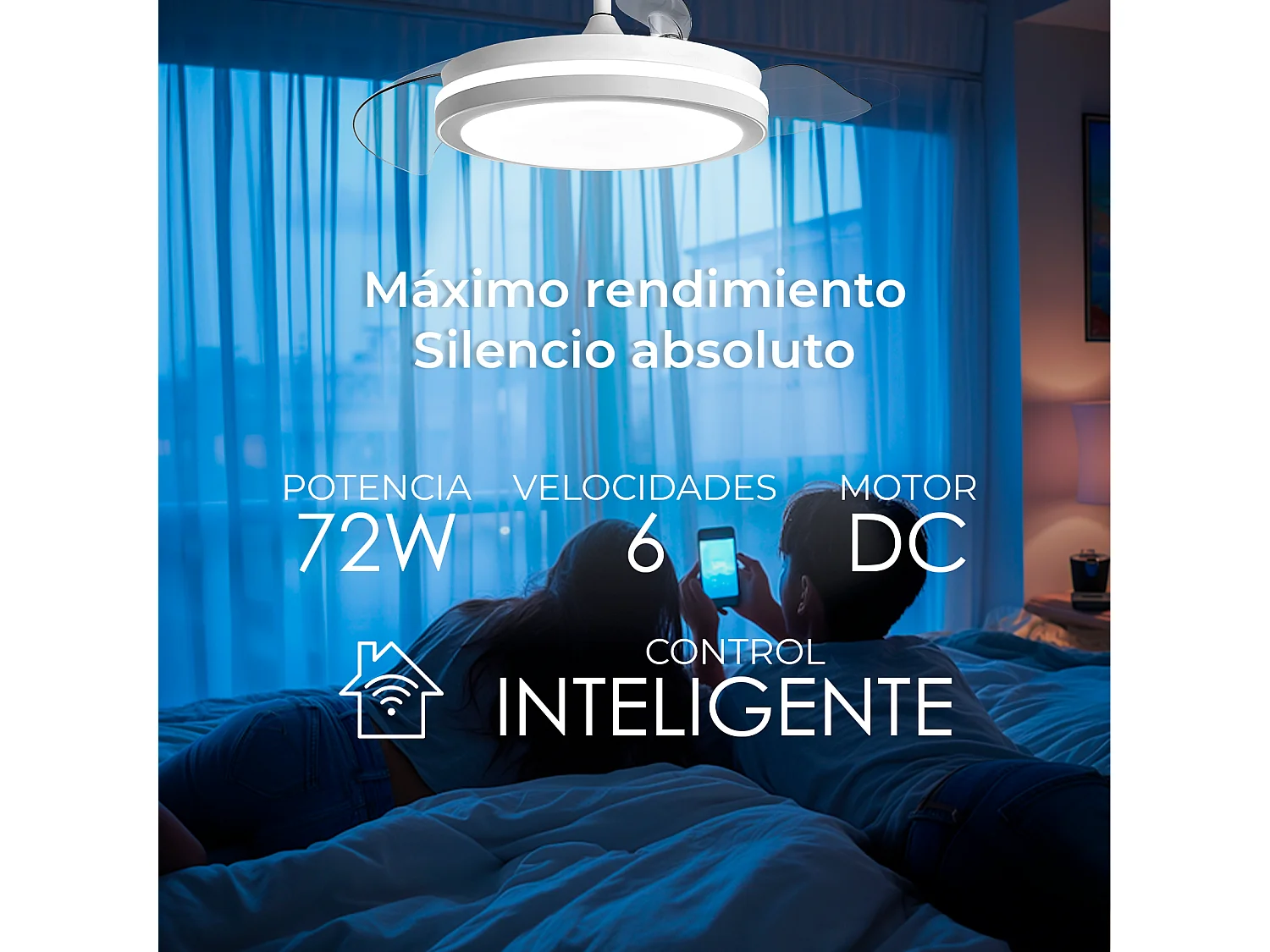 Ventilador de techo con luz led motor dc – aspas retráctiles, 6 velocidades, Alexa