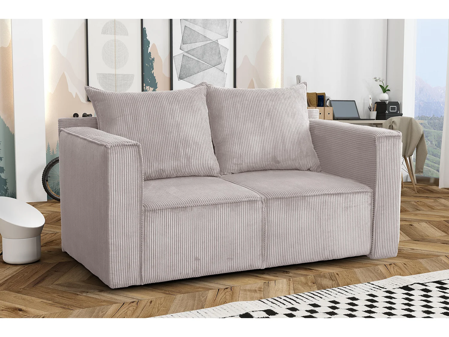 AX LIVING Canapé 2 places Hatay velours côtelé gris clair convertible avec coffre