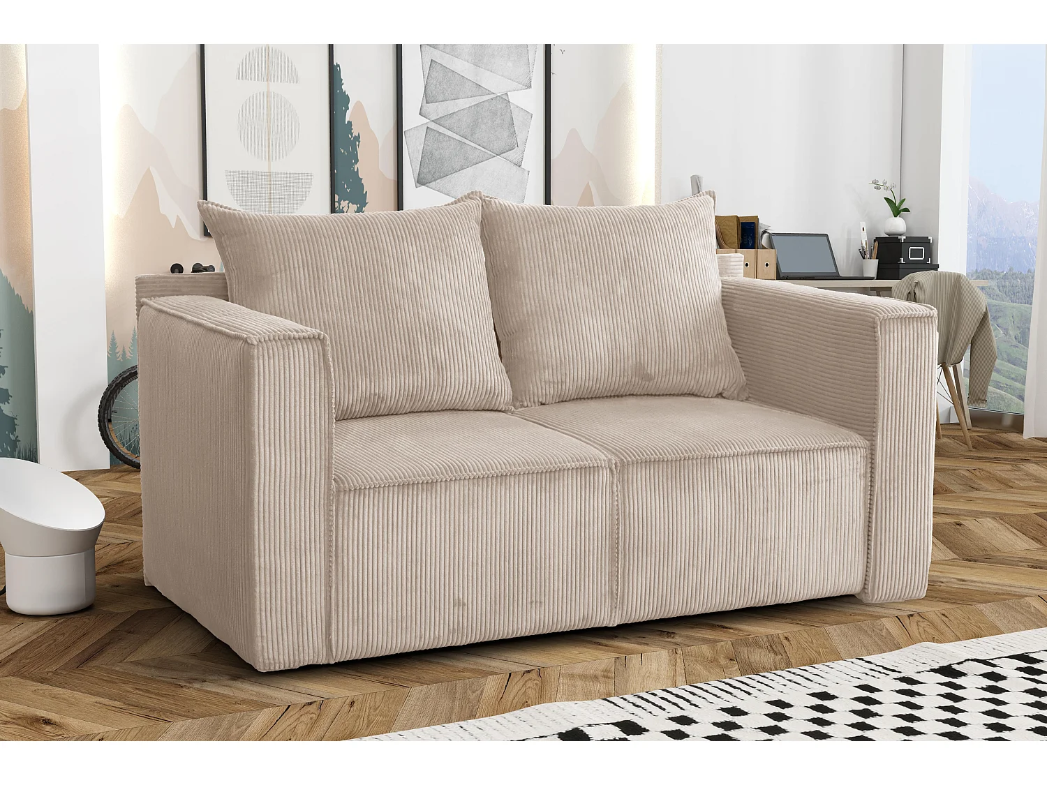 AX LIVING Hatay Schlafsofa 2 Sitzer Cord Sofa in Beige mit Bettkasten