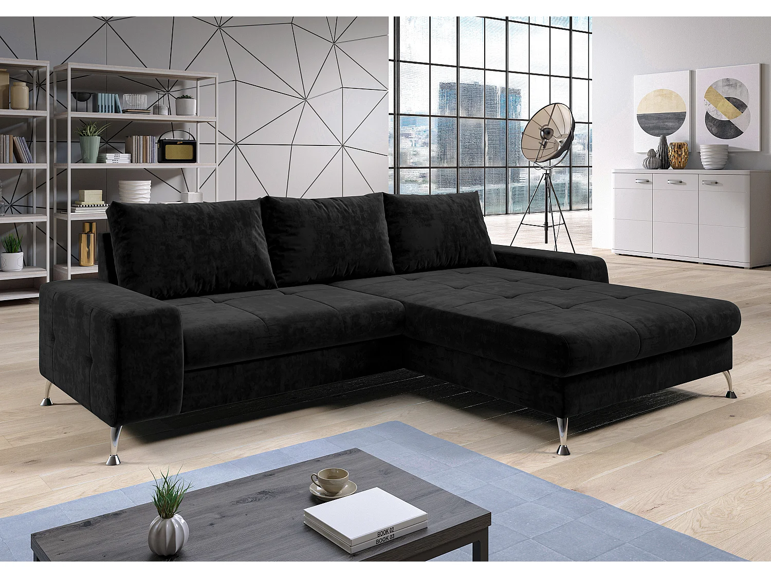 AX LIVING Eckschlafcouch mit Bettkasten Artemia 275 cm Schwarz Samt R