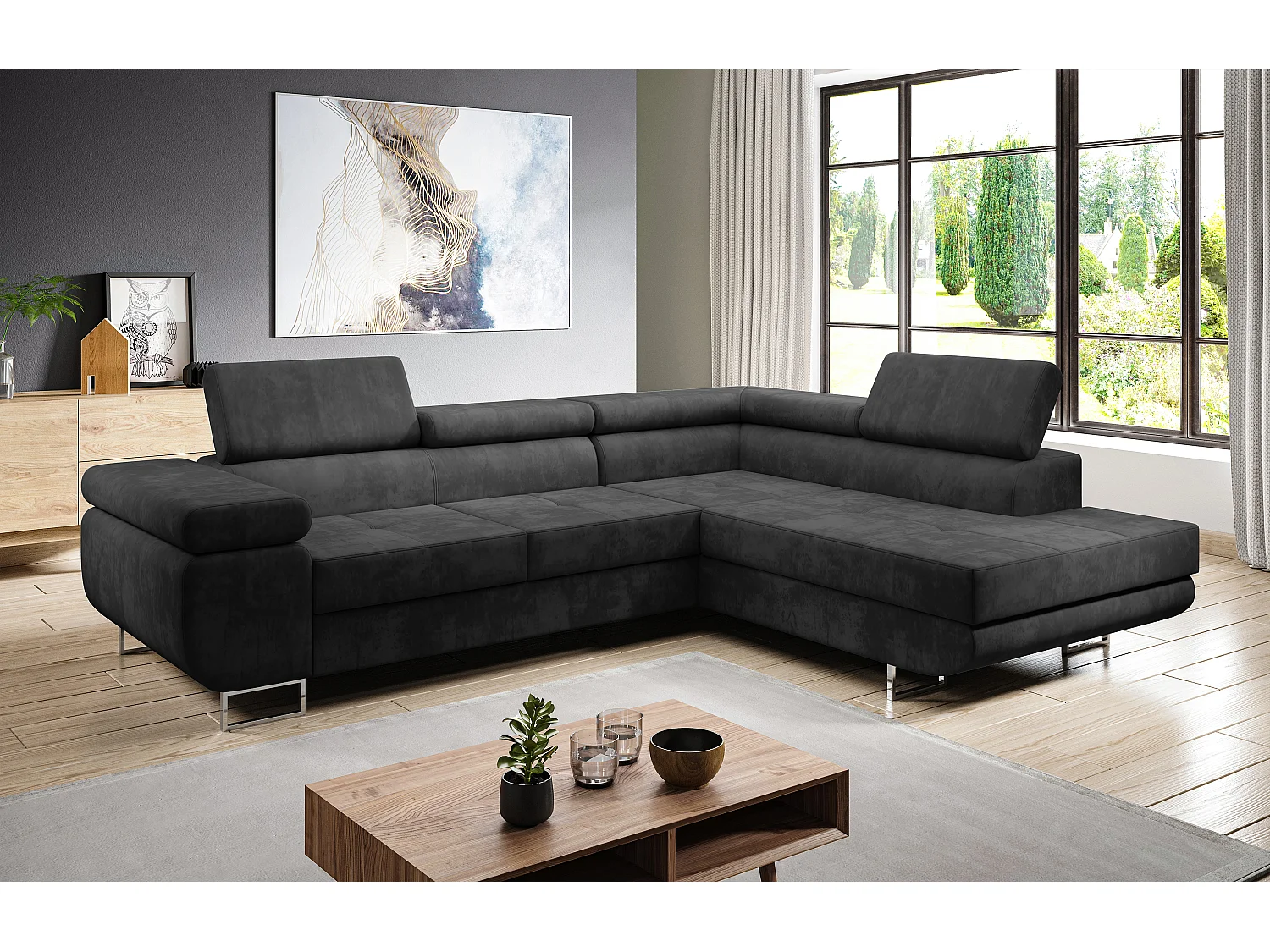 AX LIVING Canapé d’angle Kanya gris 275 cm convertible avec coffre droite