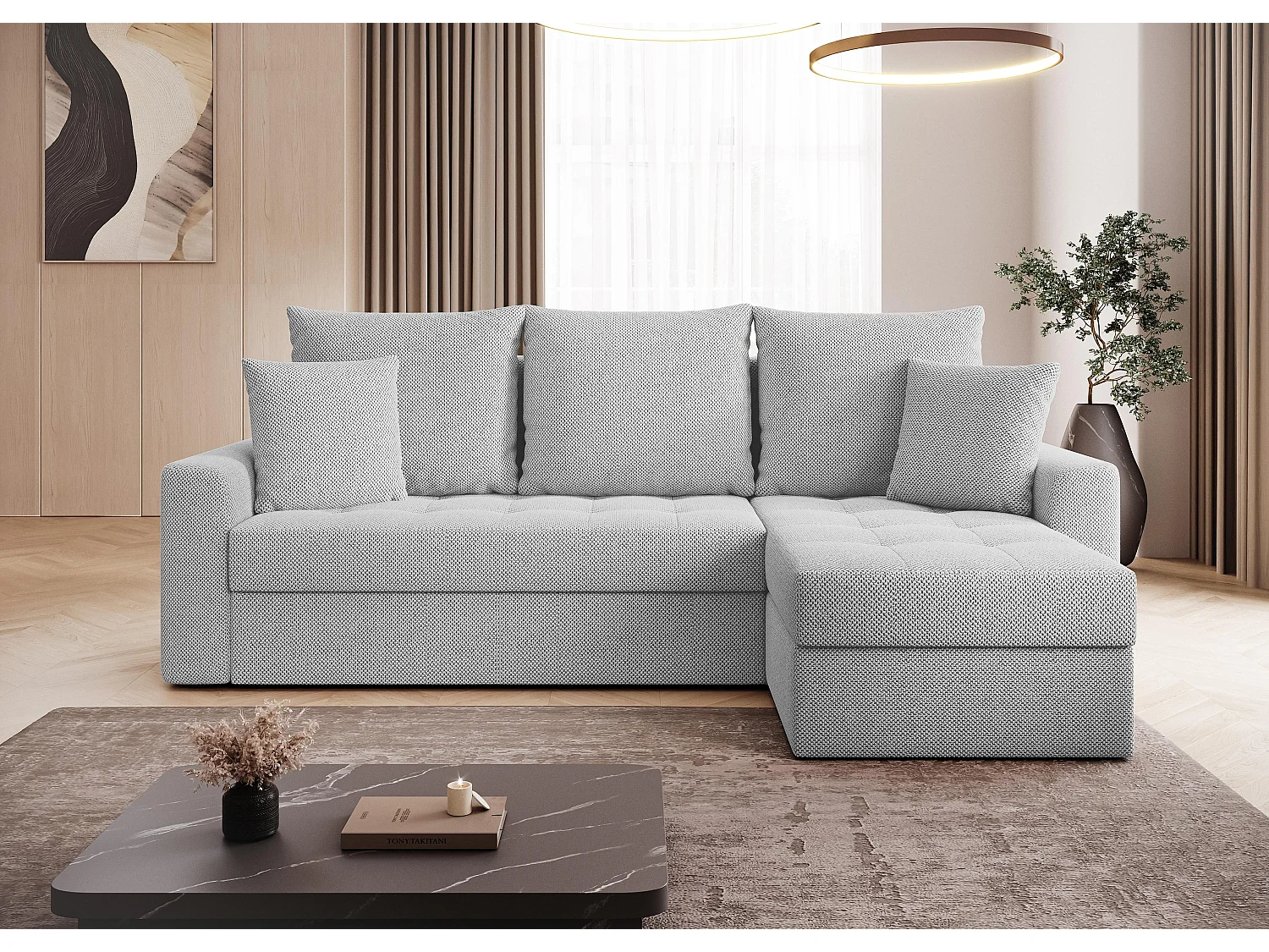 AX LIVING Canapé d’angle Karaman 238 cm gris clair convertible avec coffre