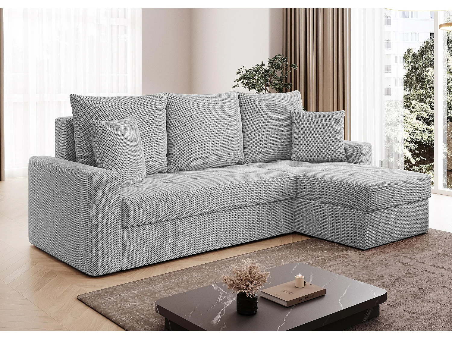 AX LIVING Canapé d’angle Karaman 238 cm gris clair convertible avec coffre