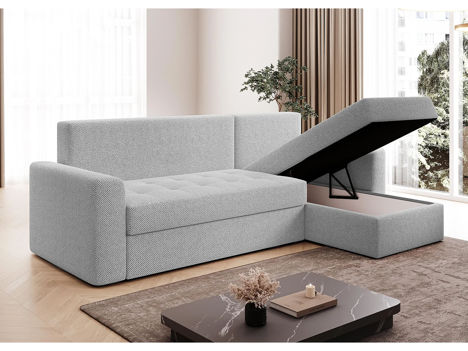 AX LIVING Canapé d’angle Karaman 238 cm gris clair convertible avec coffre