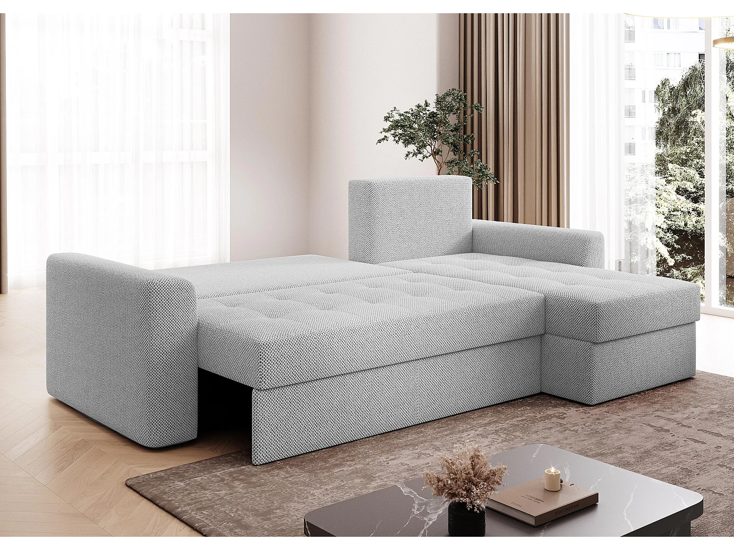 AX LIVING Canapé d’angle Karaman 238 cm gris clair convertible avec coffre