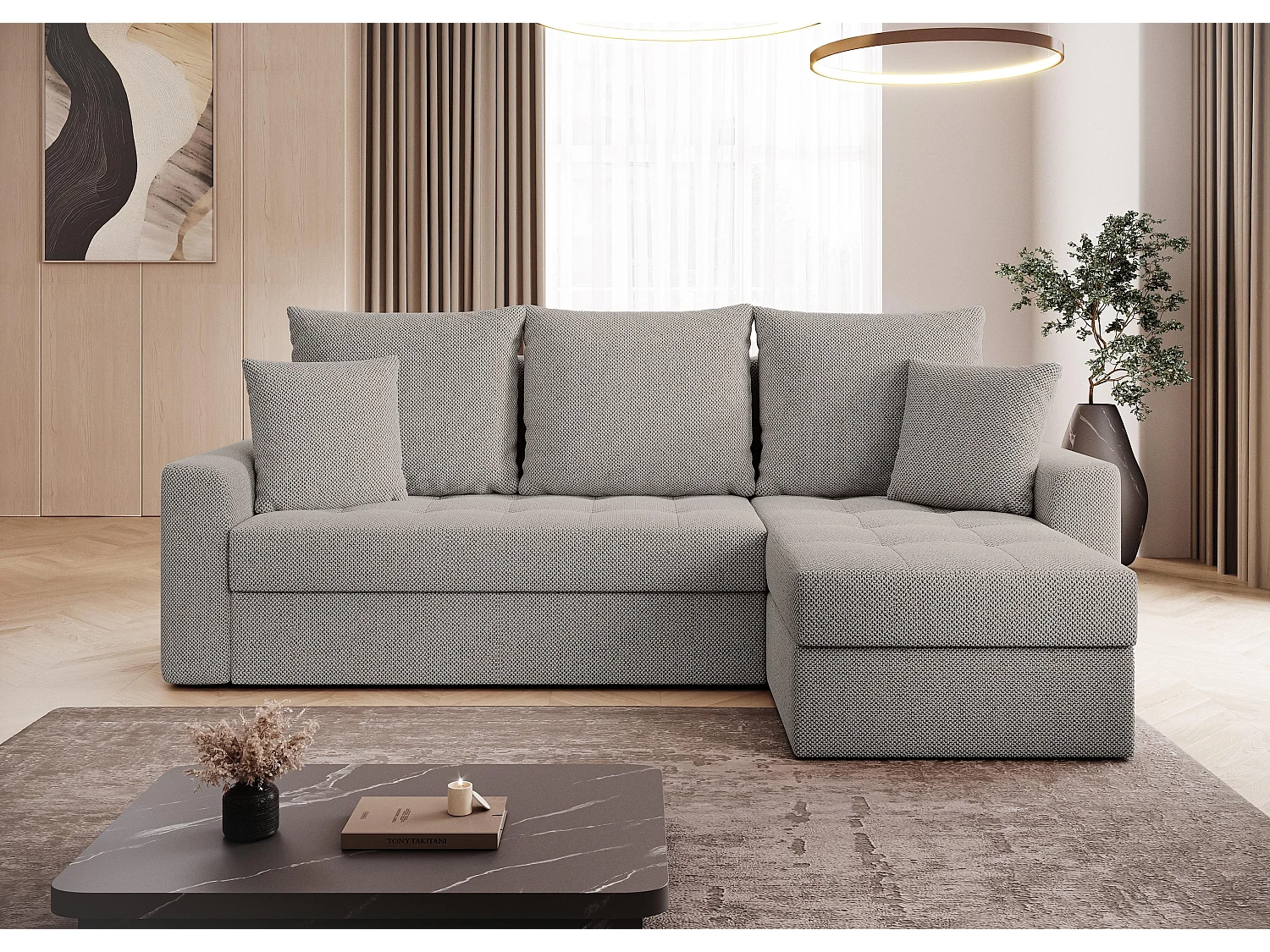 AX LIVING Canapé d’angle Karaman 238 cm beige convertible avec coffre