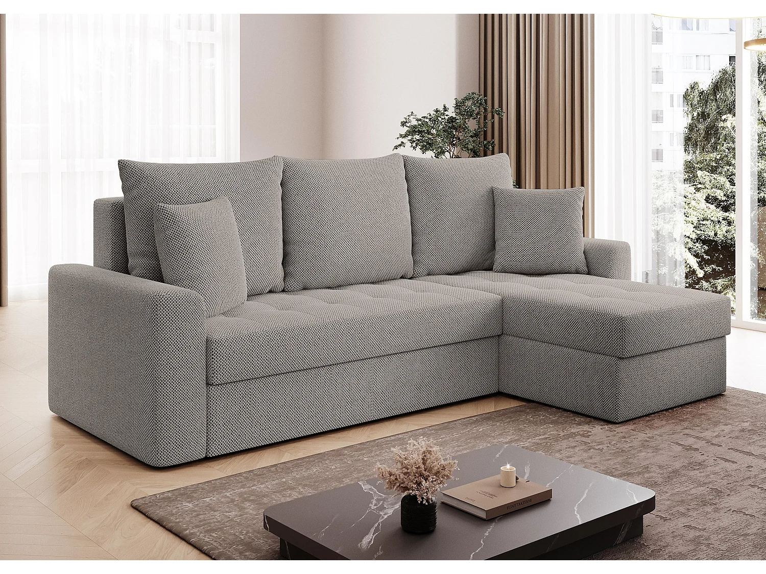 AX LIVING Canapé d’angle Karaman 238 cm beige convertible avec coffre