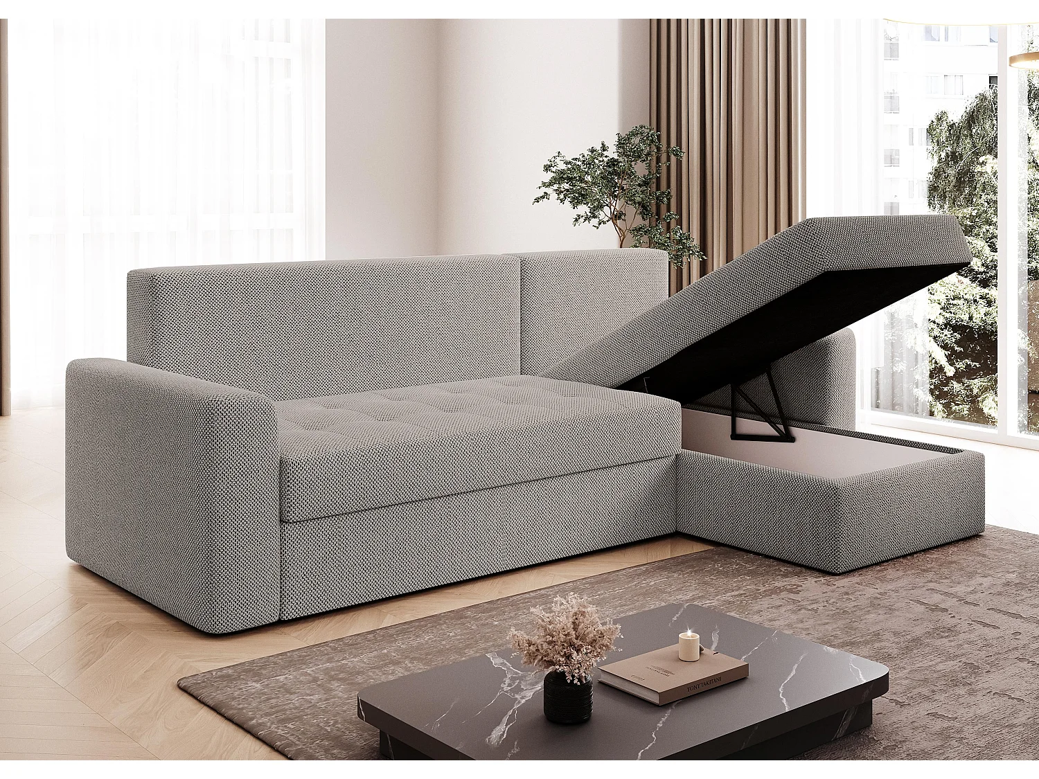 AX LIVING Canapé d’angle Karaman 238 cm beige convertible avec coffre