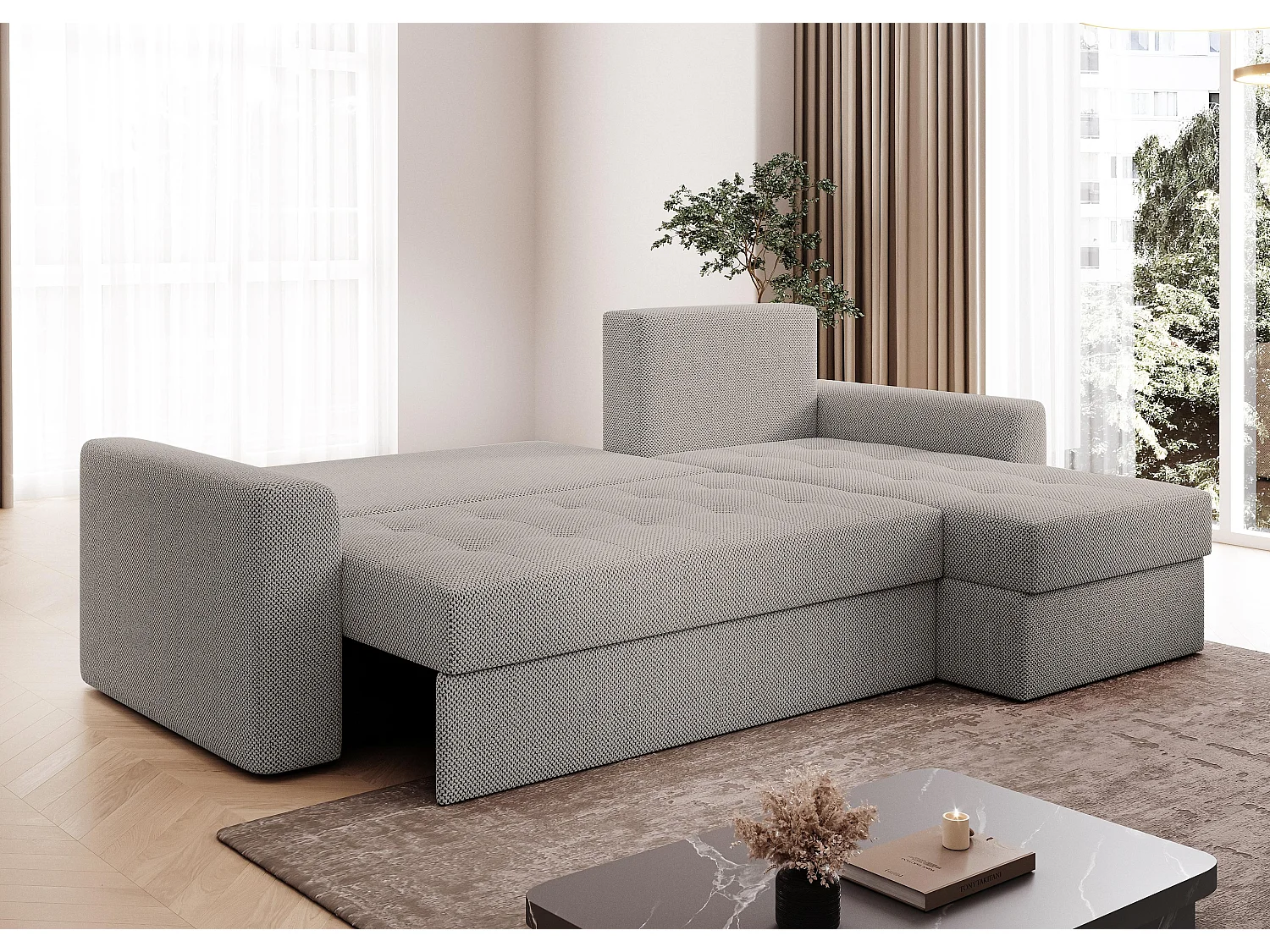 AX LIVING Canapé d’angle Karaman 238 cm beige convertible avec coffre