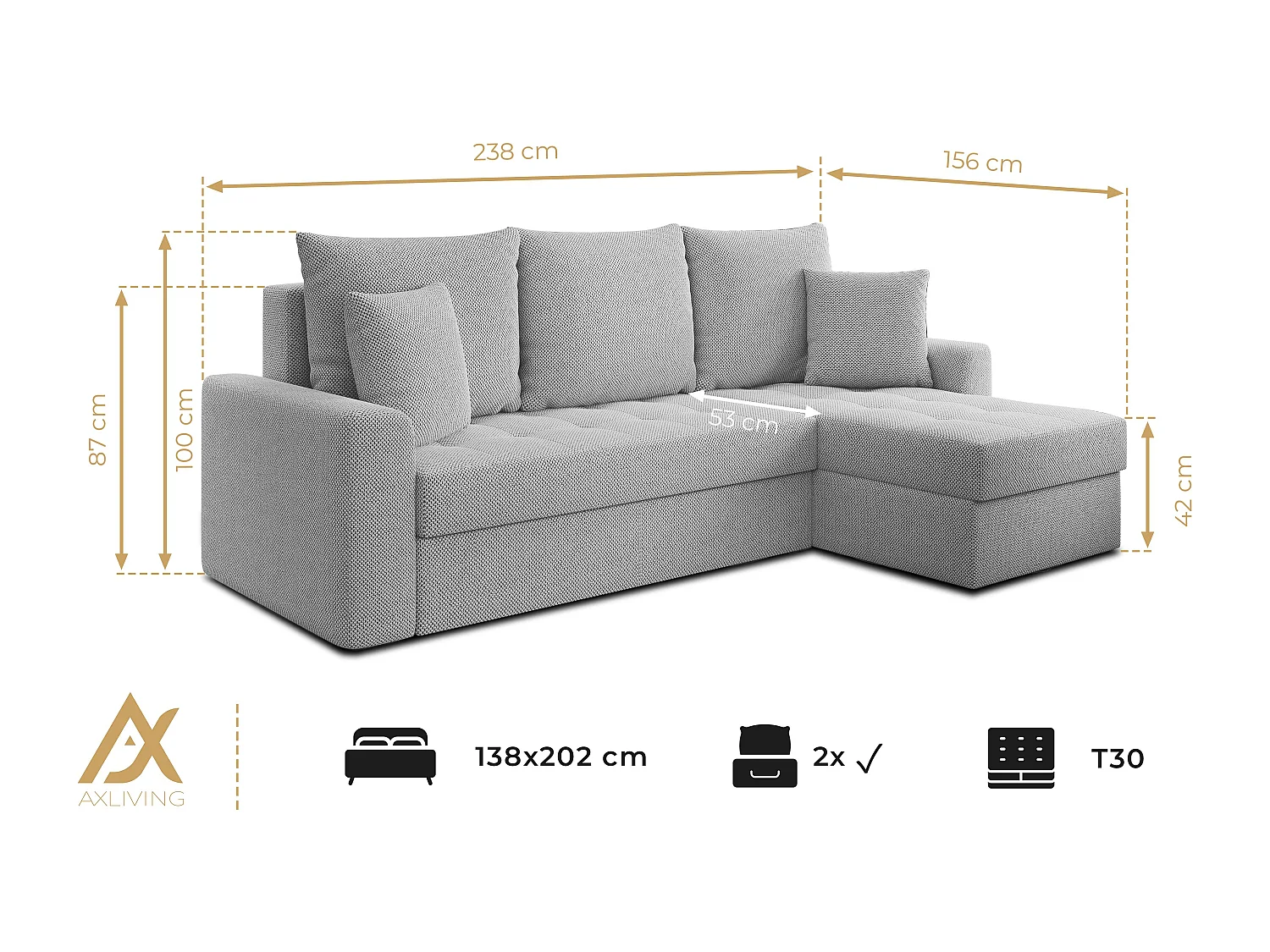 AX LIVING Canapé d’angle Karaman 238 cm beige convertible avec coffre