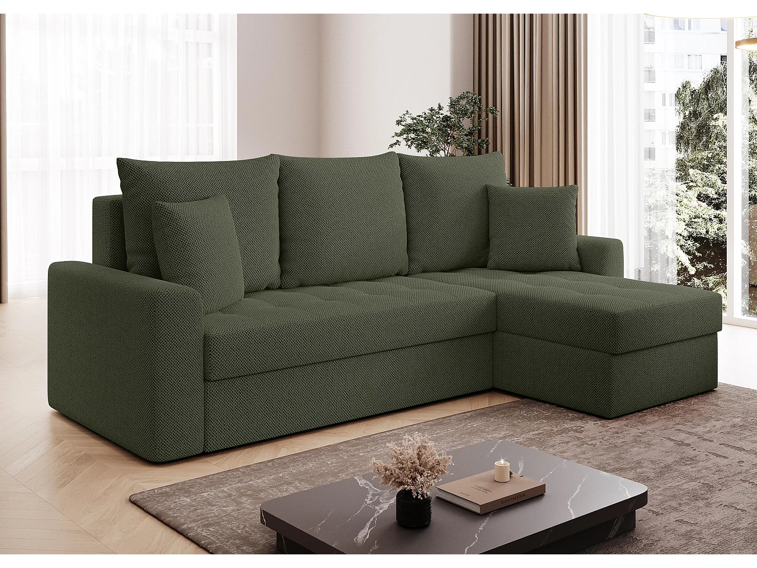 AX LIVING Canapé d’angle Karaman 238 cm vert convertible avec coffre