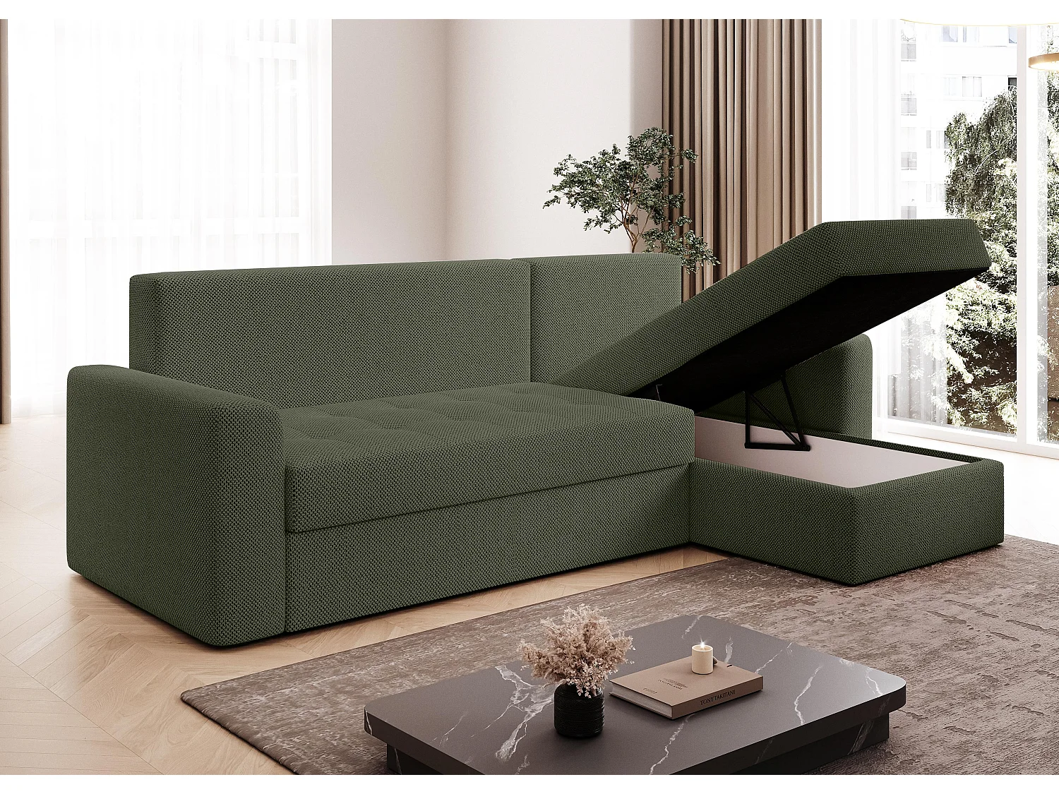 AX LIVING Canapé d’angle Karaman 238 cm vert convertible avec coffre