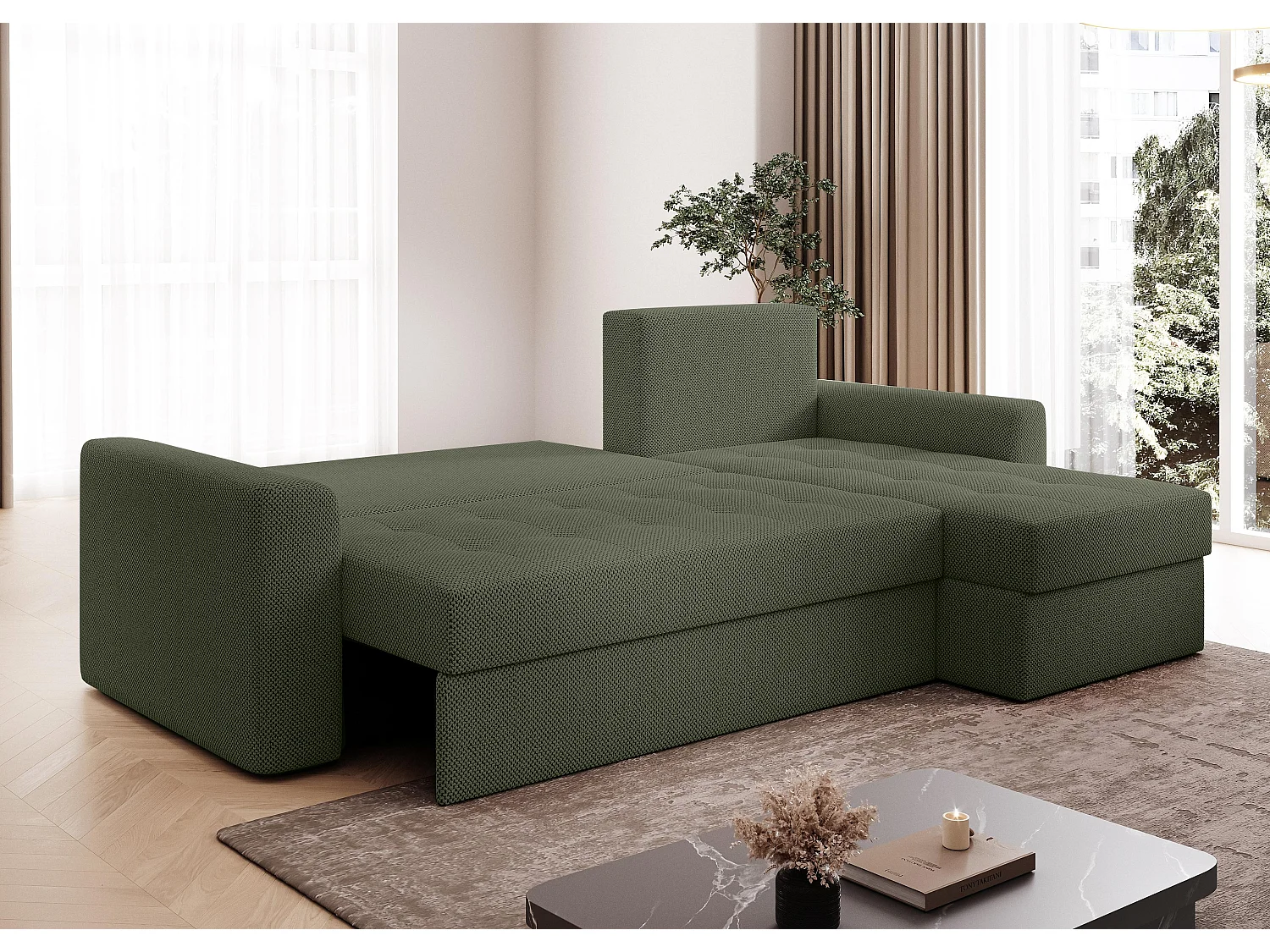 AX LIVING Canapé d’angle Karaman 238 cm vert convertible avec coffre