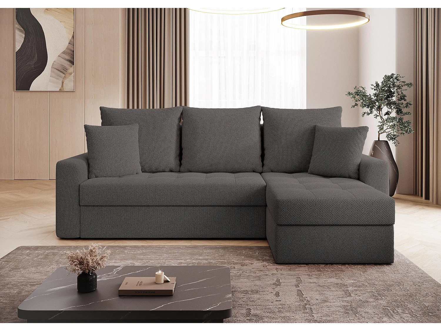 AX LIVING Canapé d’angle Karaman 238 cm gris convertible avec coffre