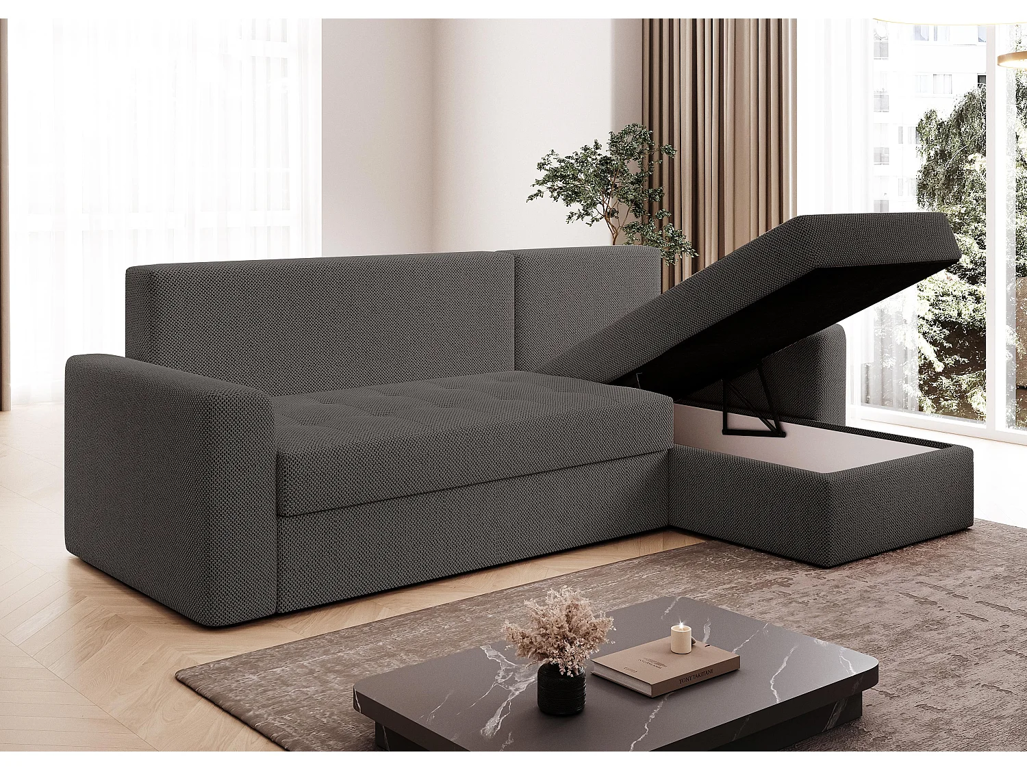 AX LIVING Canapé d’angle Karaman 238 cm gris convertible avec coffre
