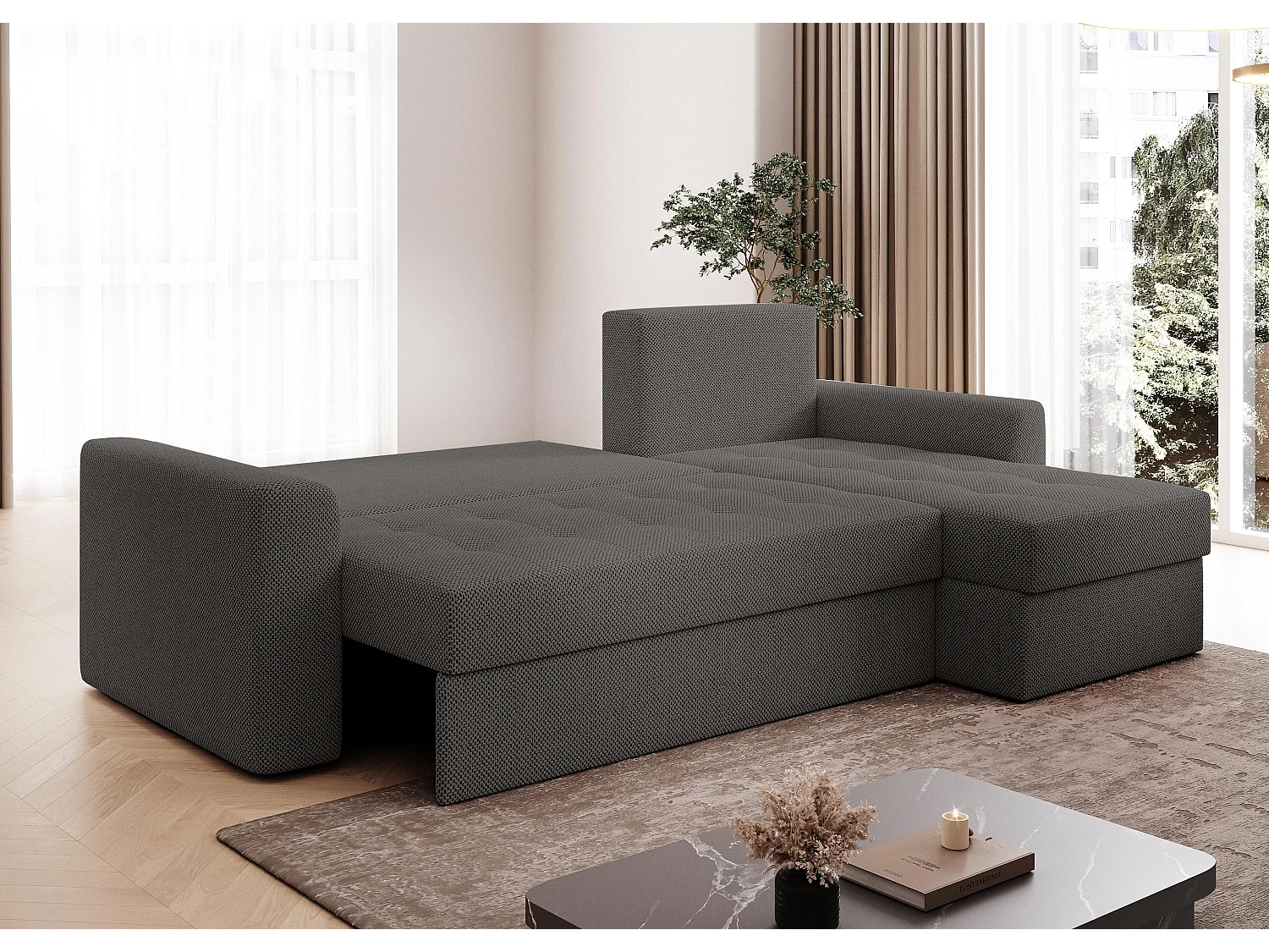 AX LIVING Canapé d’angle Karaman 238 cm gris convertible avec coffre