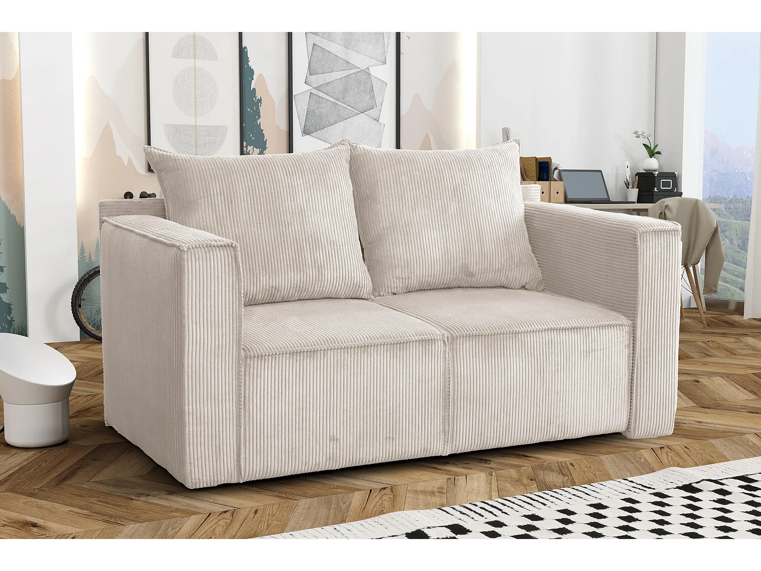 AX LIVING Hatay Schlafsofa 2 Sitzer Cord Creme Sofa mit Bettkasten 170