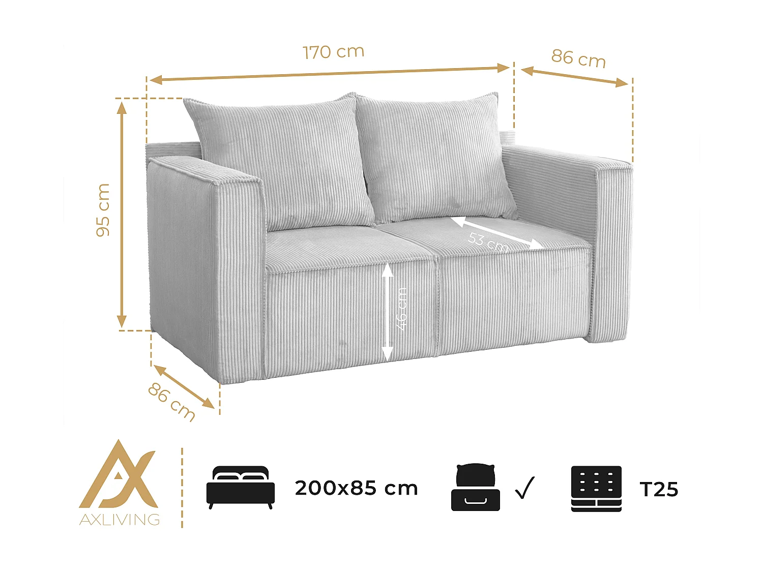 AX LIVING Hatay Schlafsofa 2 Sitzer Cord Creme Sofa mit Bettkasten 170