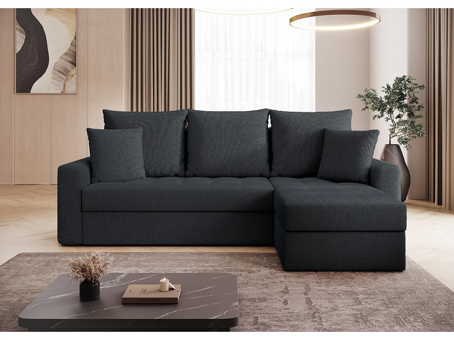 AX LIVING Canapé d’angle Karaman 238 cm noir convertible avec coffre