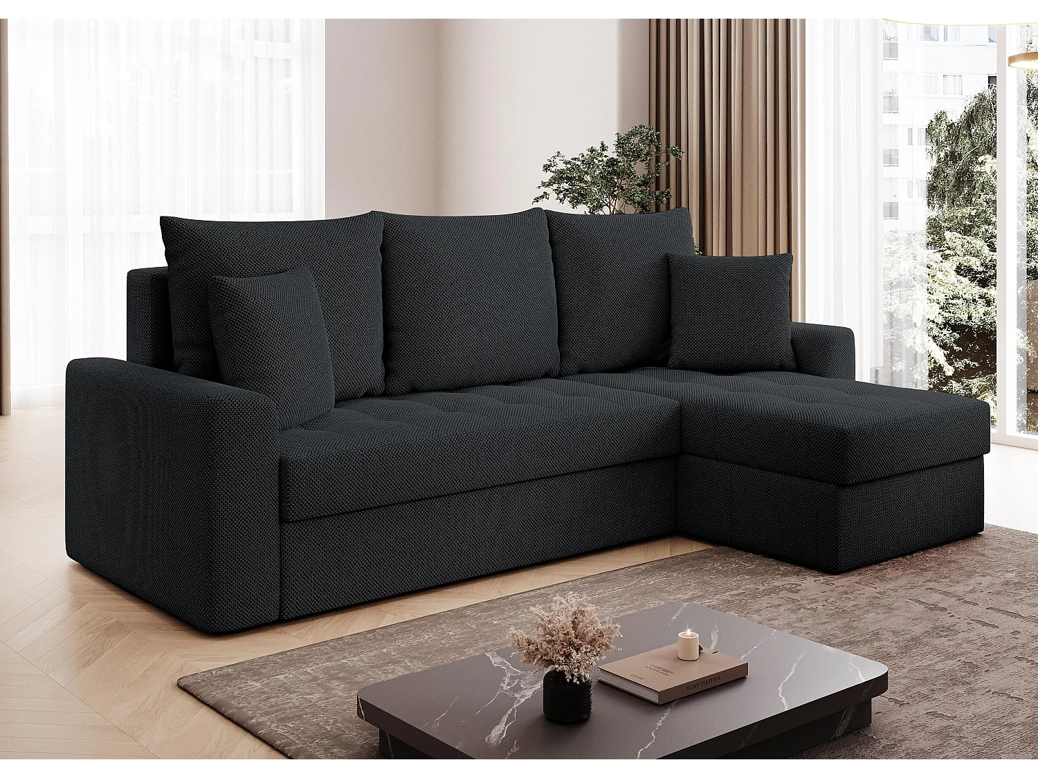 AX LIVING Canapé d’angle Karaman 238 cm noir convertible avec coffre