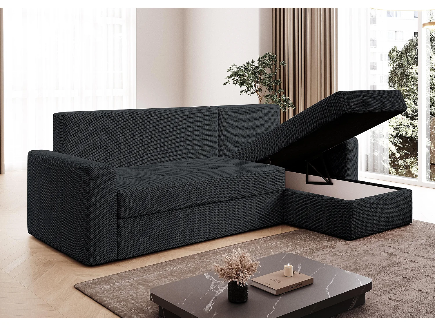 AX LIVING Canapé d’angle Karaman 238 cm noir convertible avec coffre