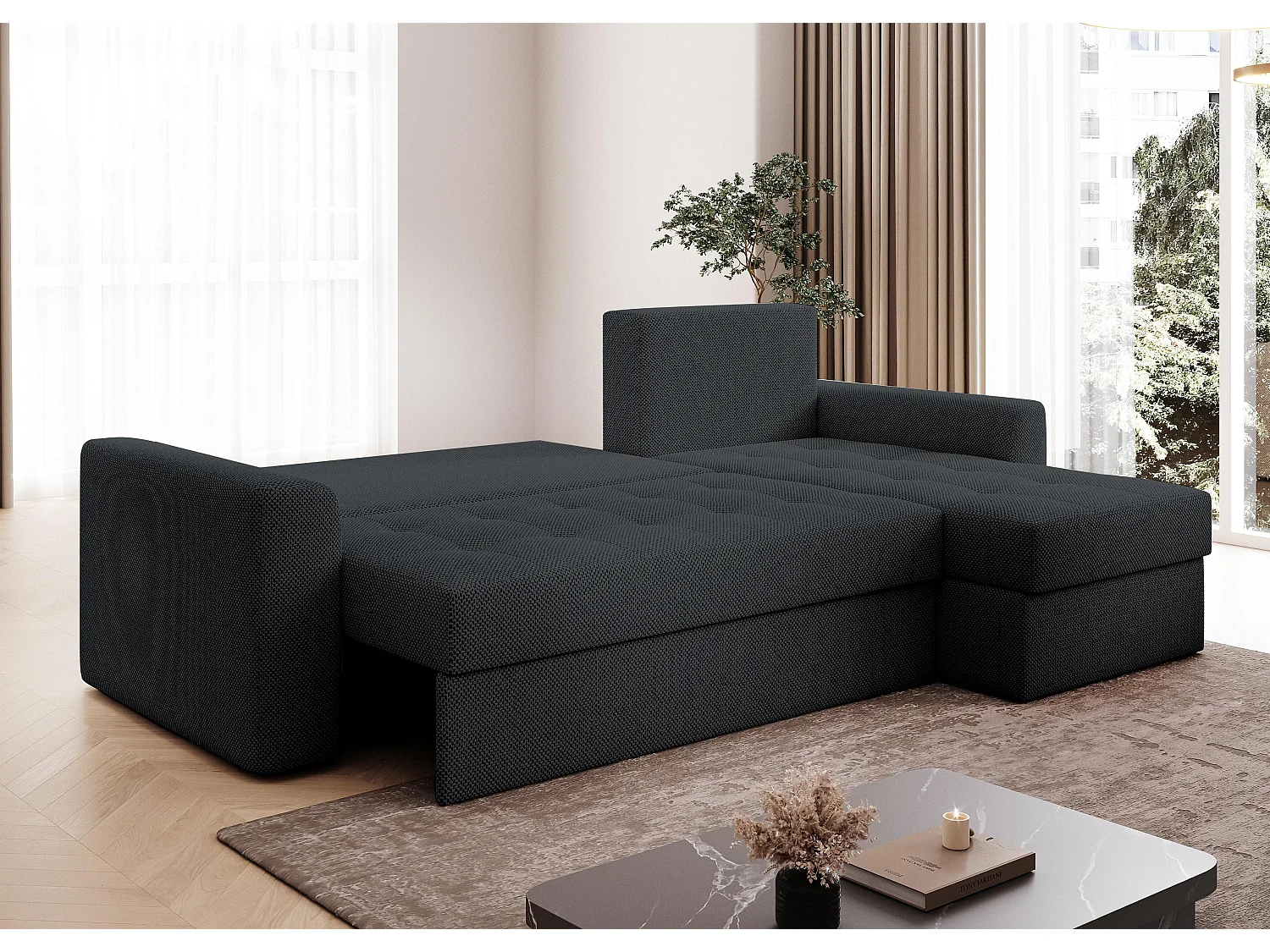 AX LIVING Canapé d’angle Karaman 238 cm noir convertible avec coffre