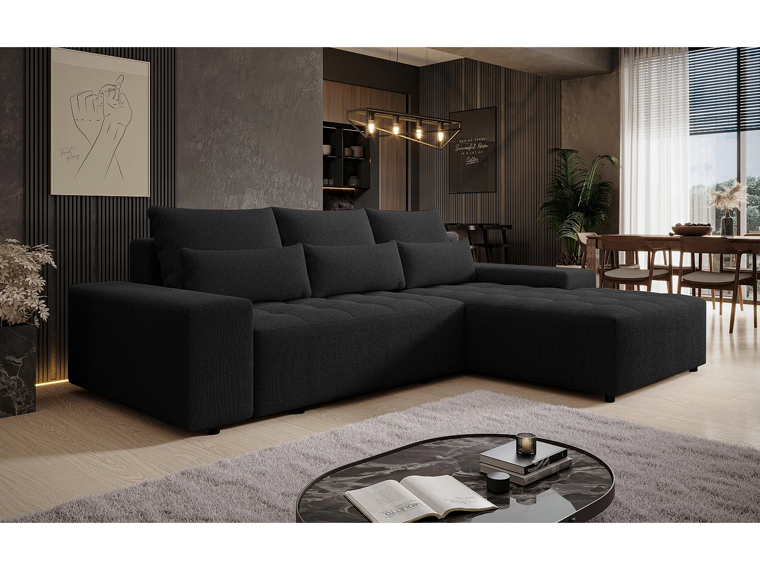 AX LIVING Hoekbank Alvorada 280 cm zwart met slaapfunctie