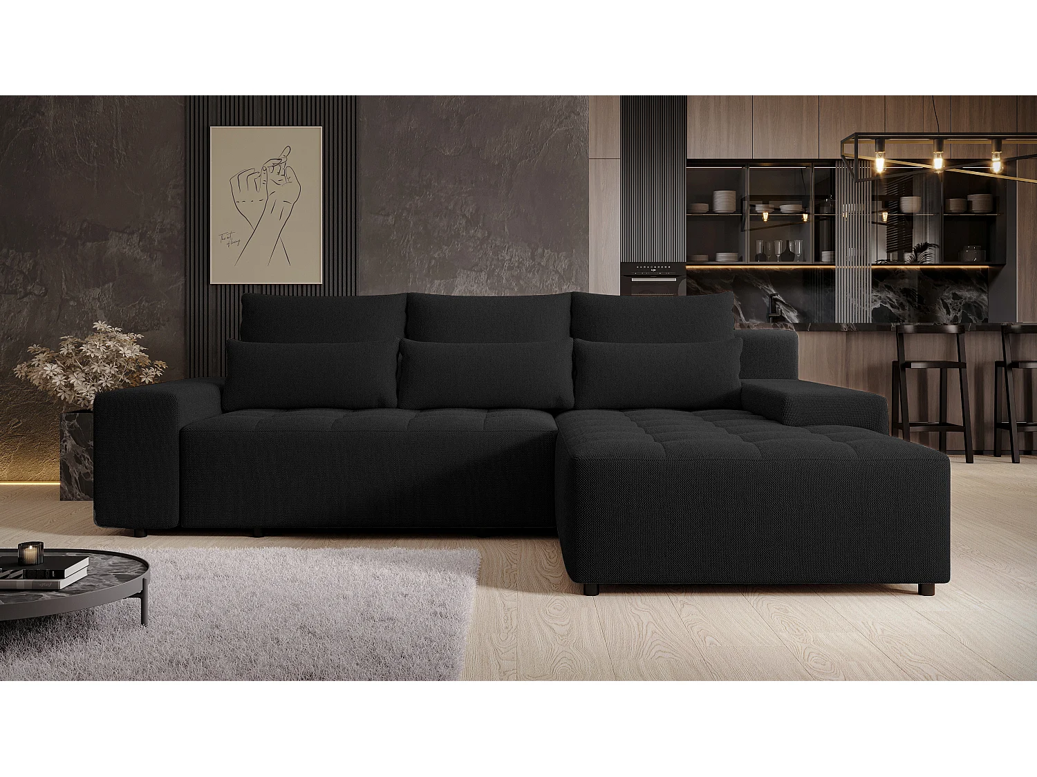 AX LIVING Hoekbank Alvorada 280 cm zwart met slaapfunctie