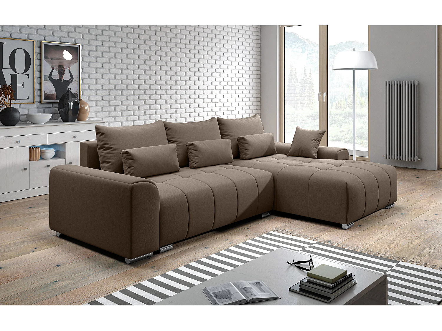 AX LIVING Canapé d’angle Rivolli 260 cm marron convertible avec coffre
