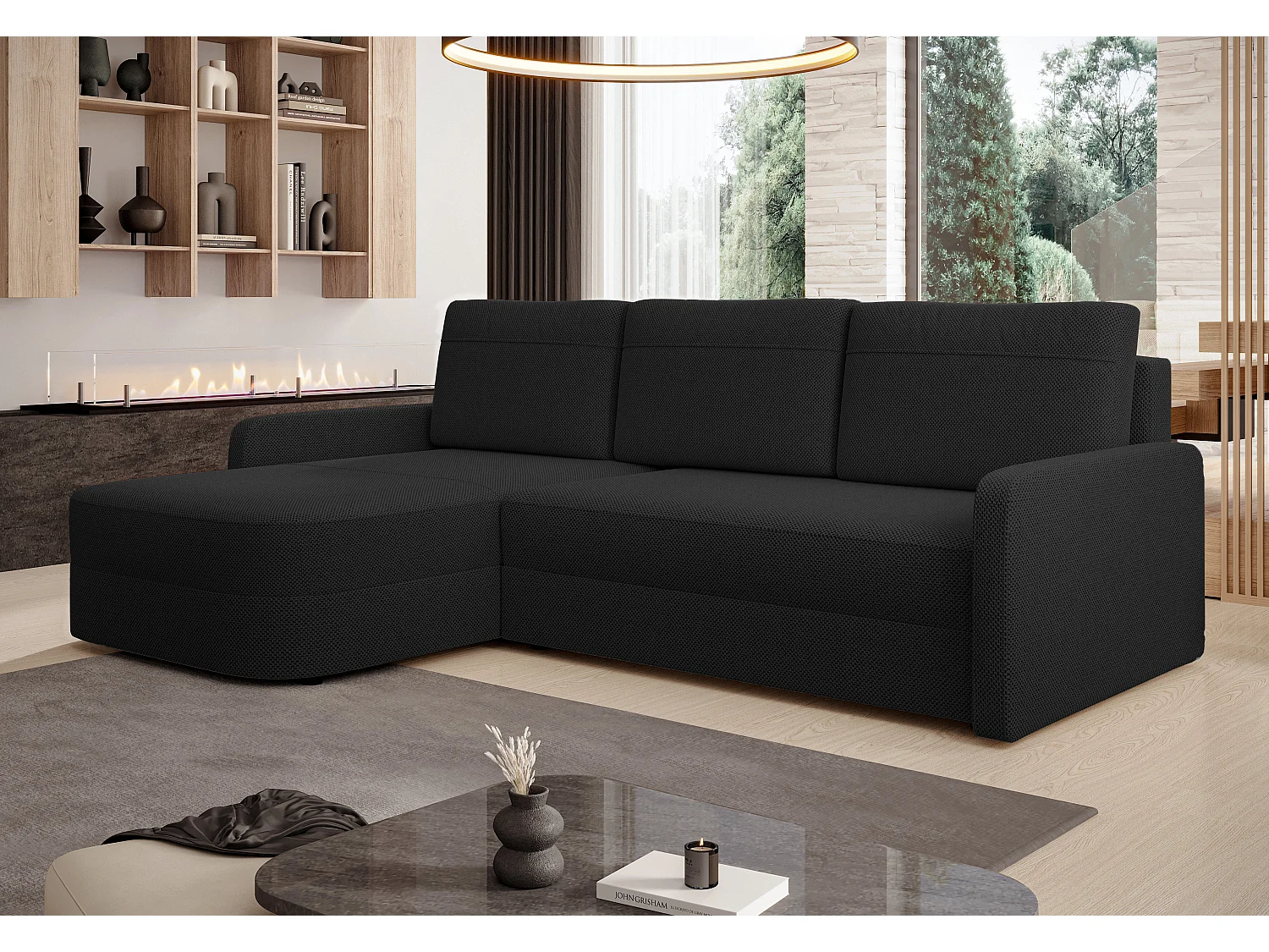 AX LIVING Hoekbank Nebbiolo 250 cm zwart met slaapfunctie