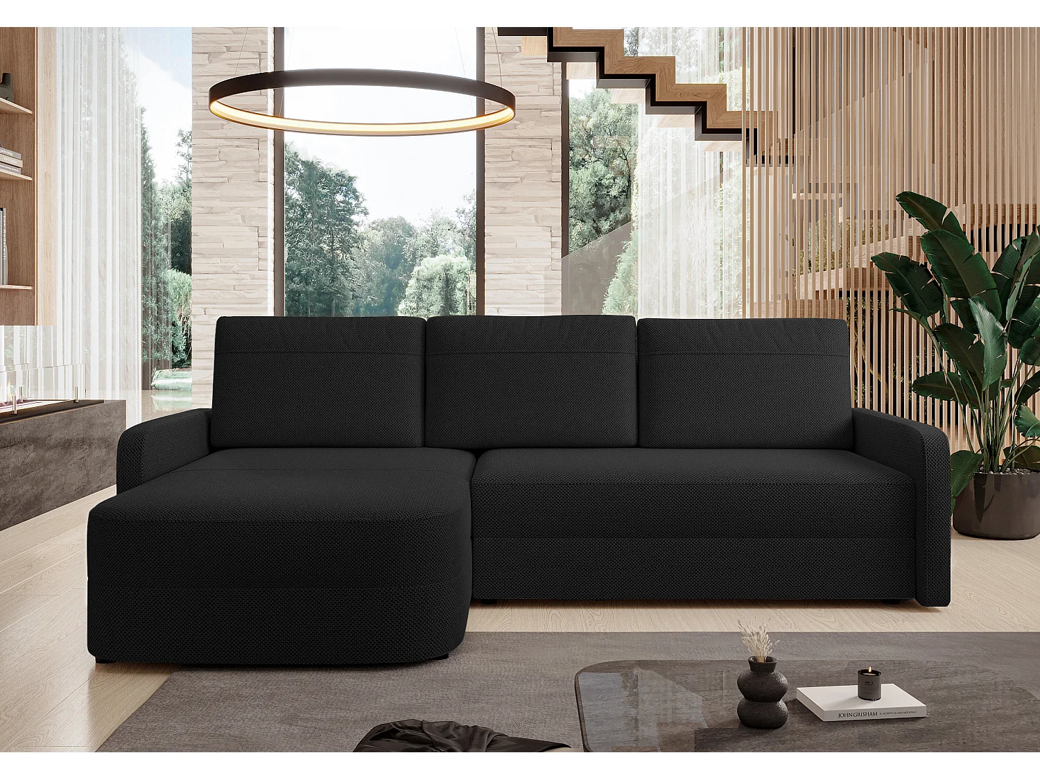 AX LIVING Hoekbank Nebbiolo 250 cm zwart met slaapfunctie