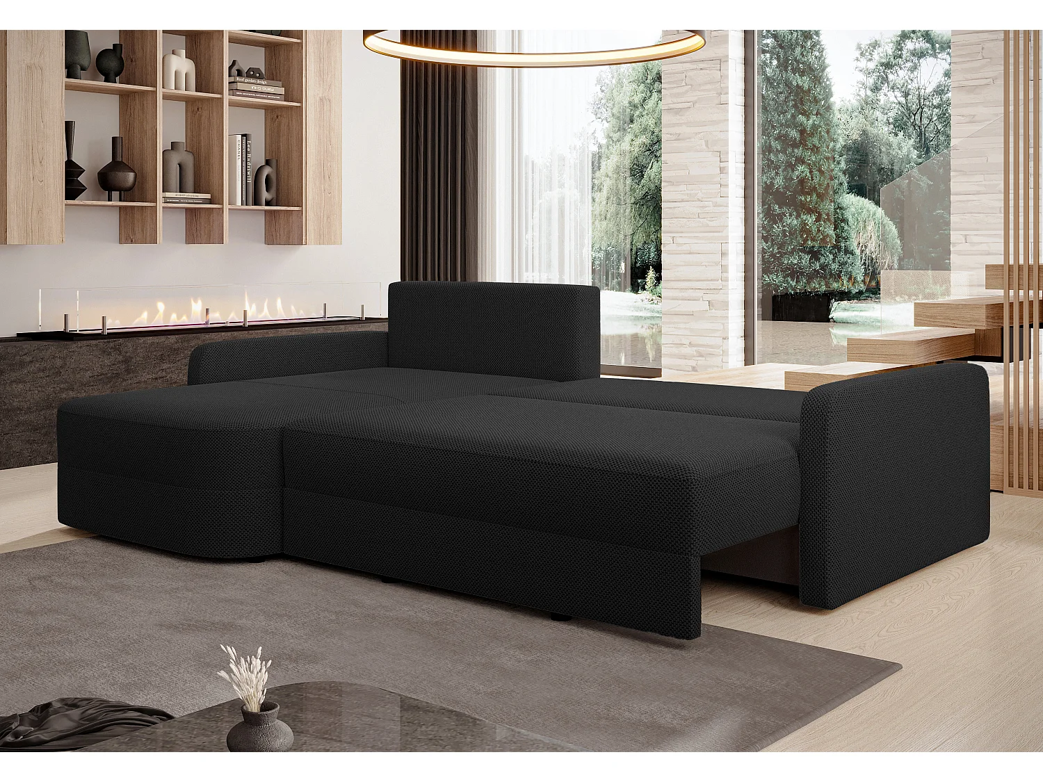 AX LIVING Hoekbank Nebbiolo 250 cm zwart met slaapfunctie