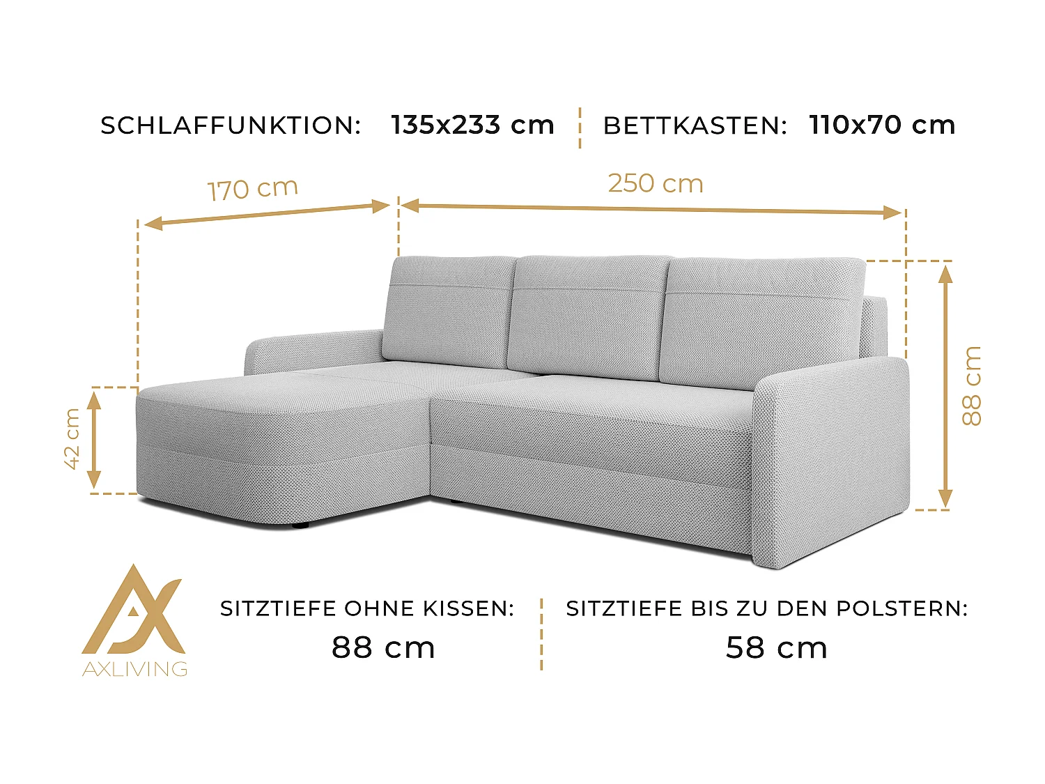 AX LIVING Hoekbank Nebbiolo 250 cm zwart met slaapfunctie