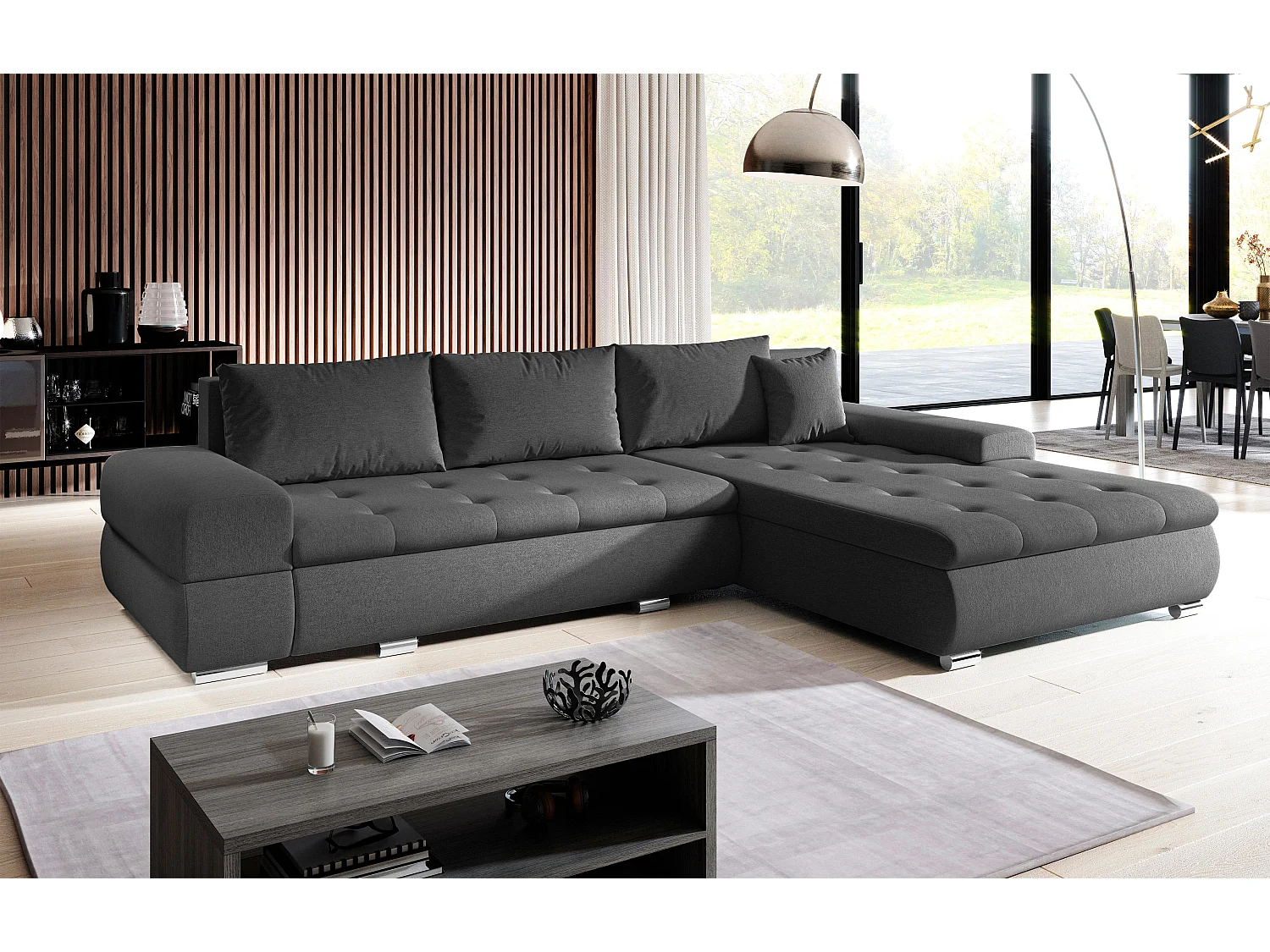 AX LIVING Canapé d’angle Sivaso gris foncé 310 cm convertible