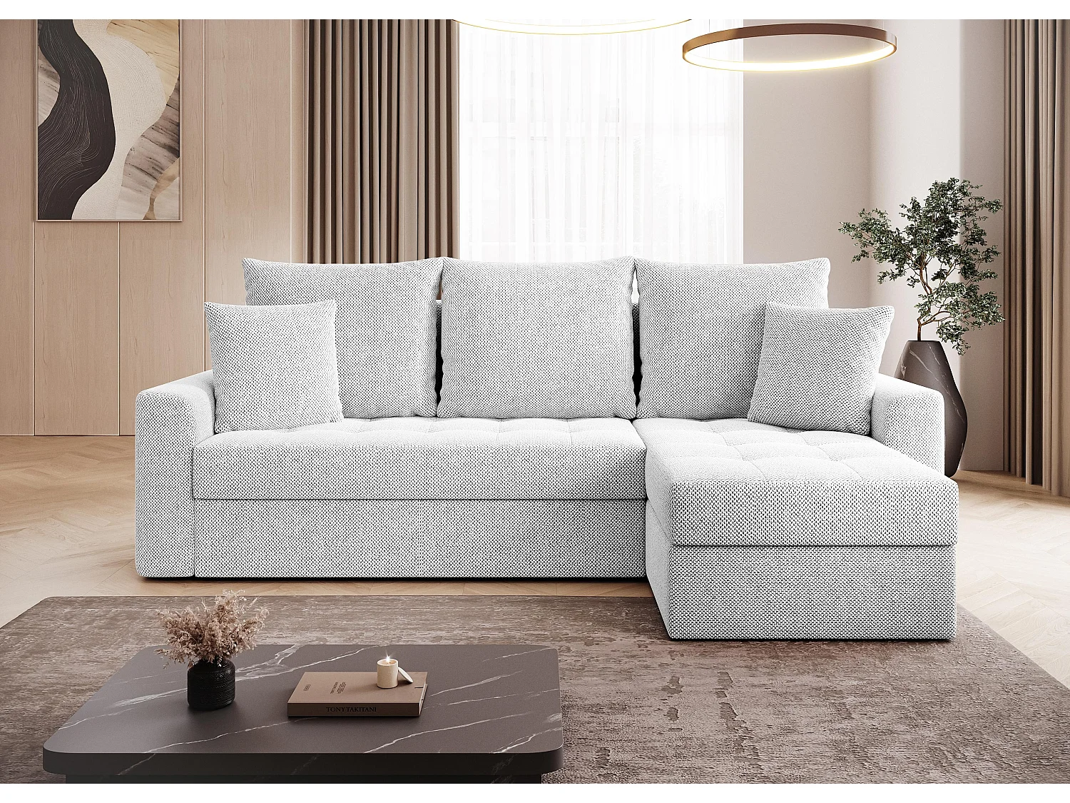 AX LIVING Canapé d’angle Karaman 238 cm blanc perle convertible avec coffre