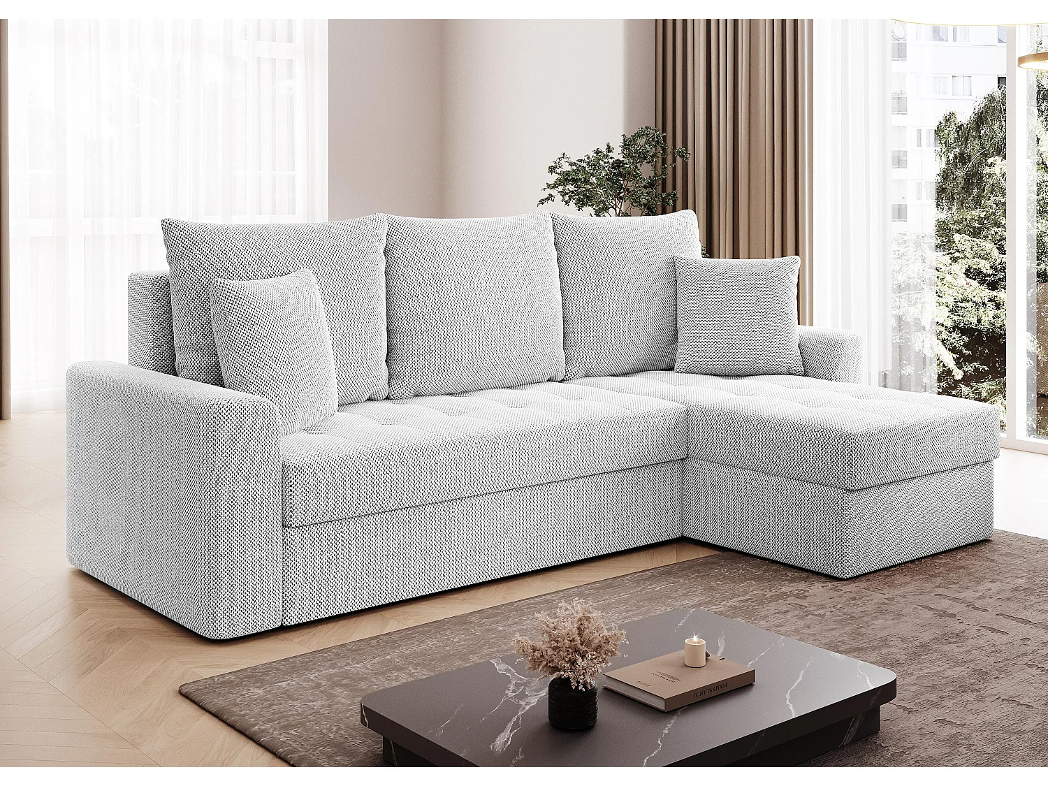 AX LIVING Canapé d’angle Karaman 238 cm blanc perle convertible avec coffre