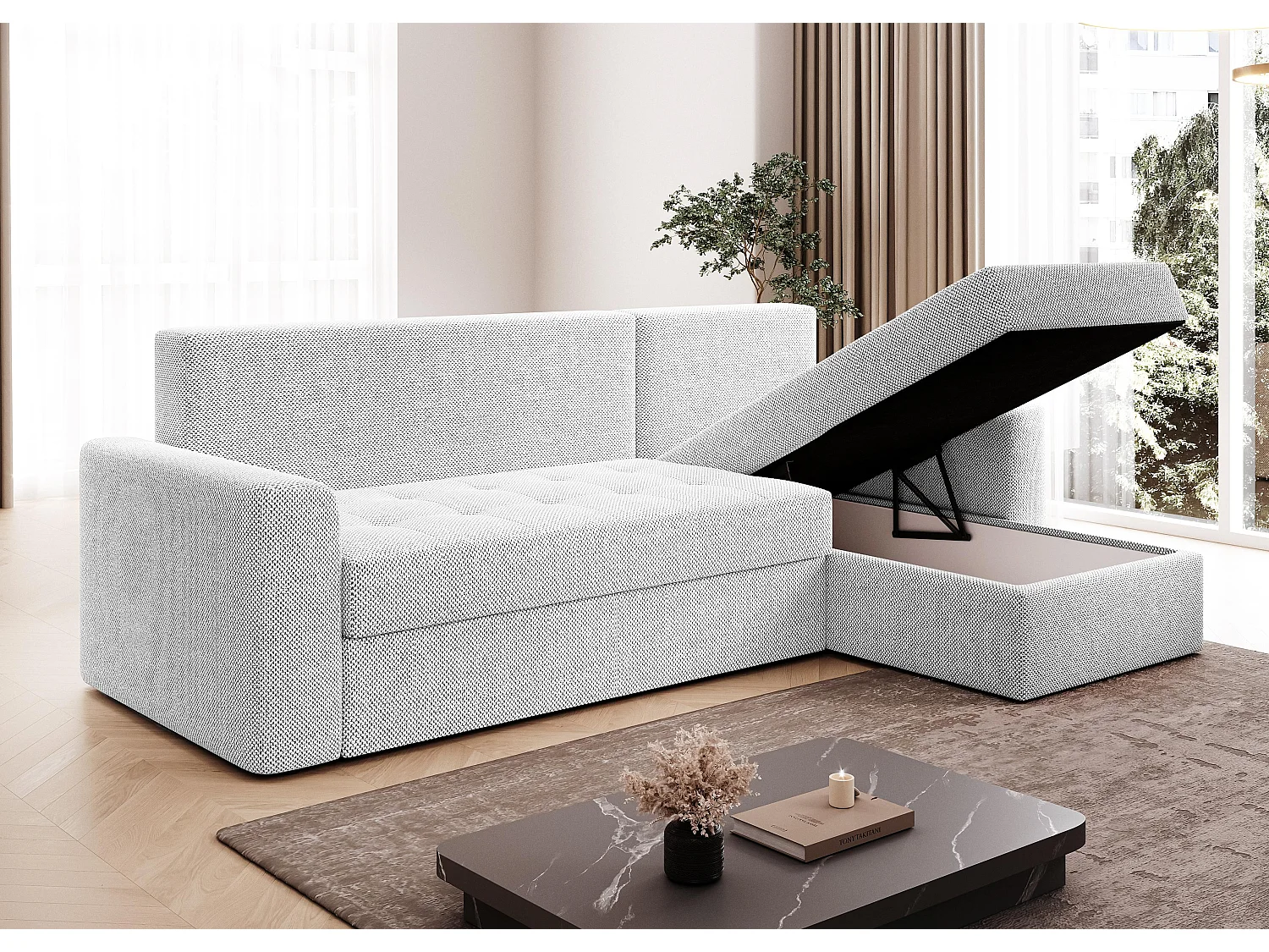 AX LIVING Canapé d’angle Karaman 238 cm blanc perle convertible avec coffre