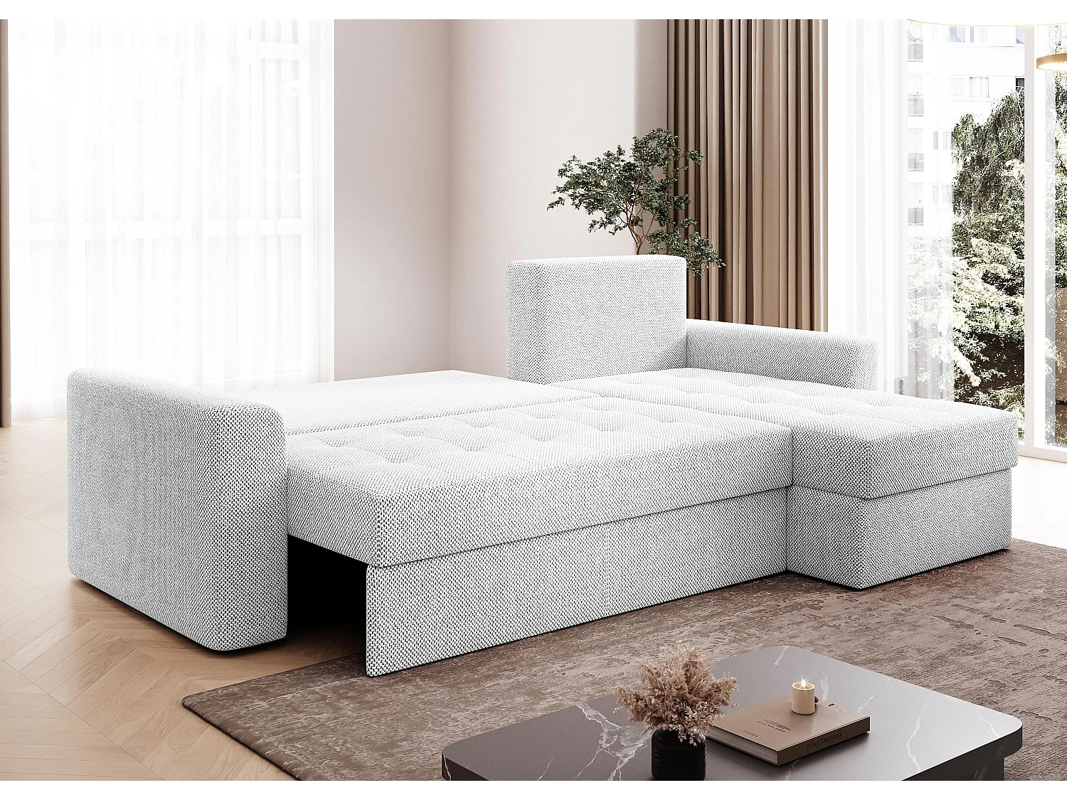 AX LIVING Canapé d’angle Karaman 238 cm blanc perle convertible avec coffre