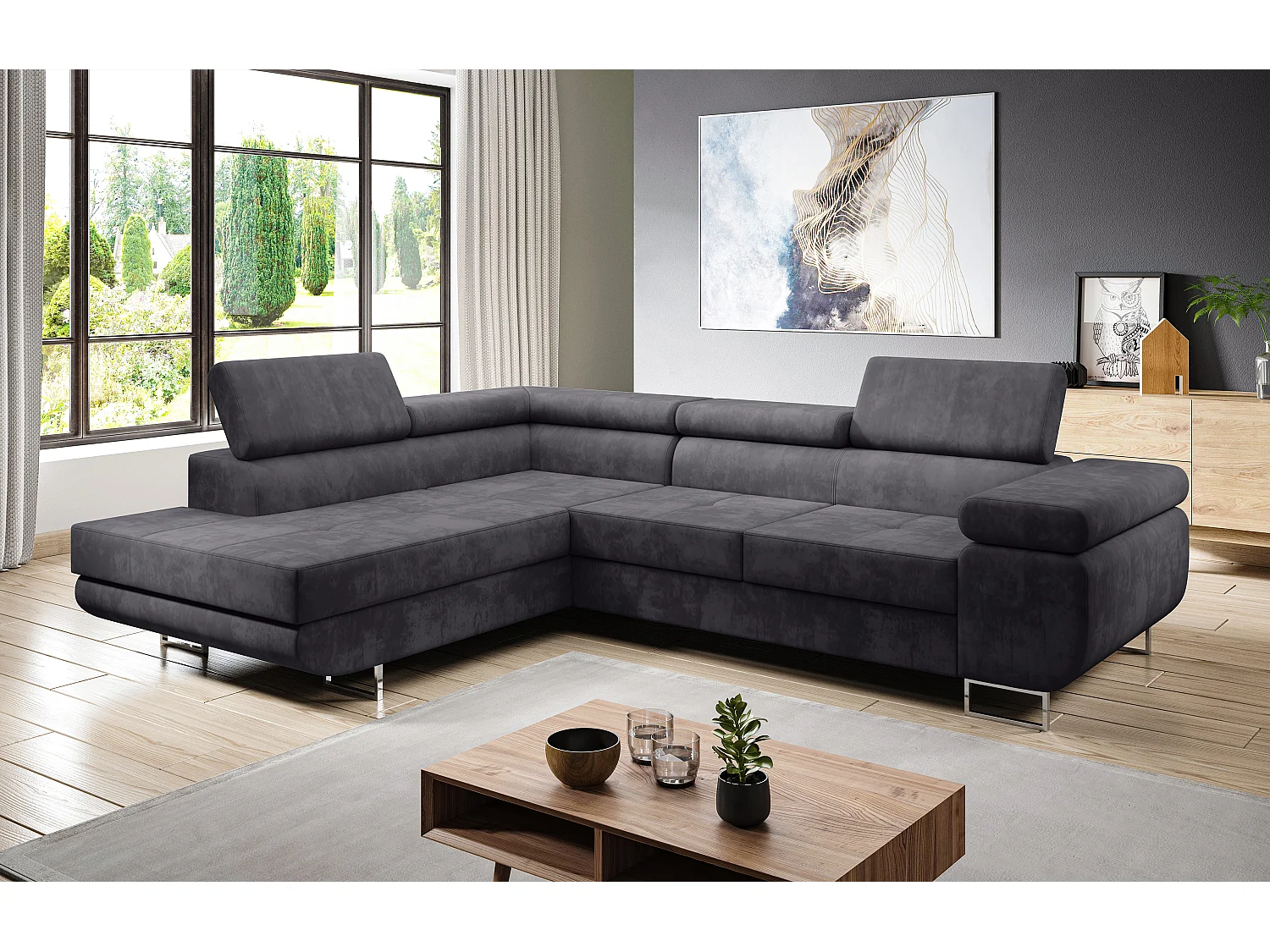 AX LIVING Canapé d’angle Kanya gris clair 275 cm convertible avec coffre gauche