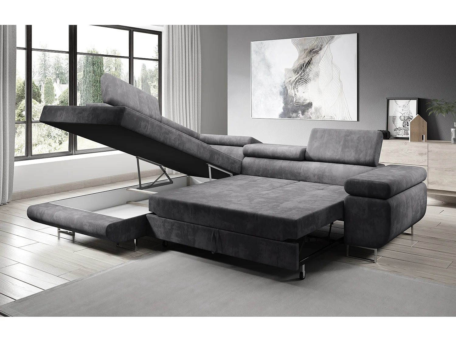 AX LIVING Canapé d’angle Kanya gris clair 275 cm convertible avec coffre gauche