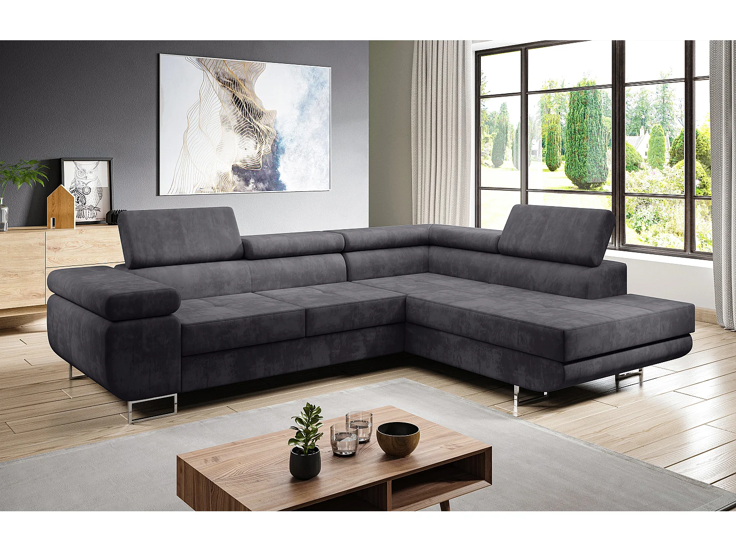 AX LIVING Canapé d’angle Kanya gris clair 275 cm convertible avec coffre droite