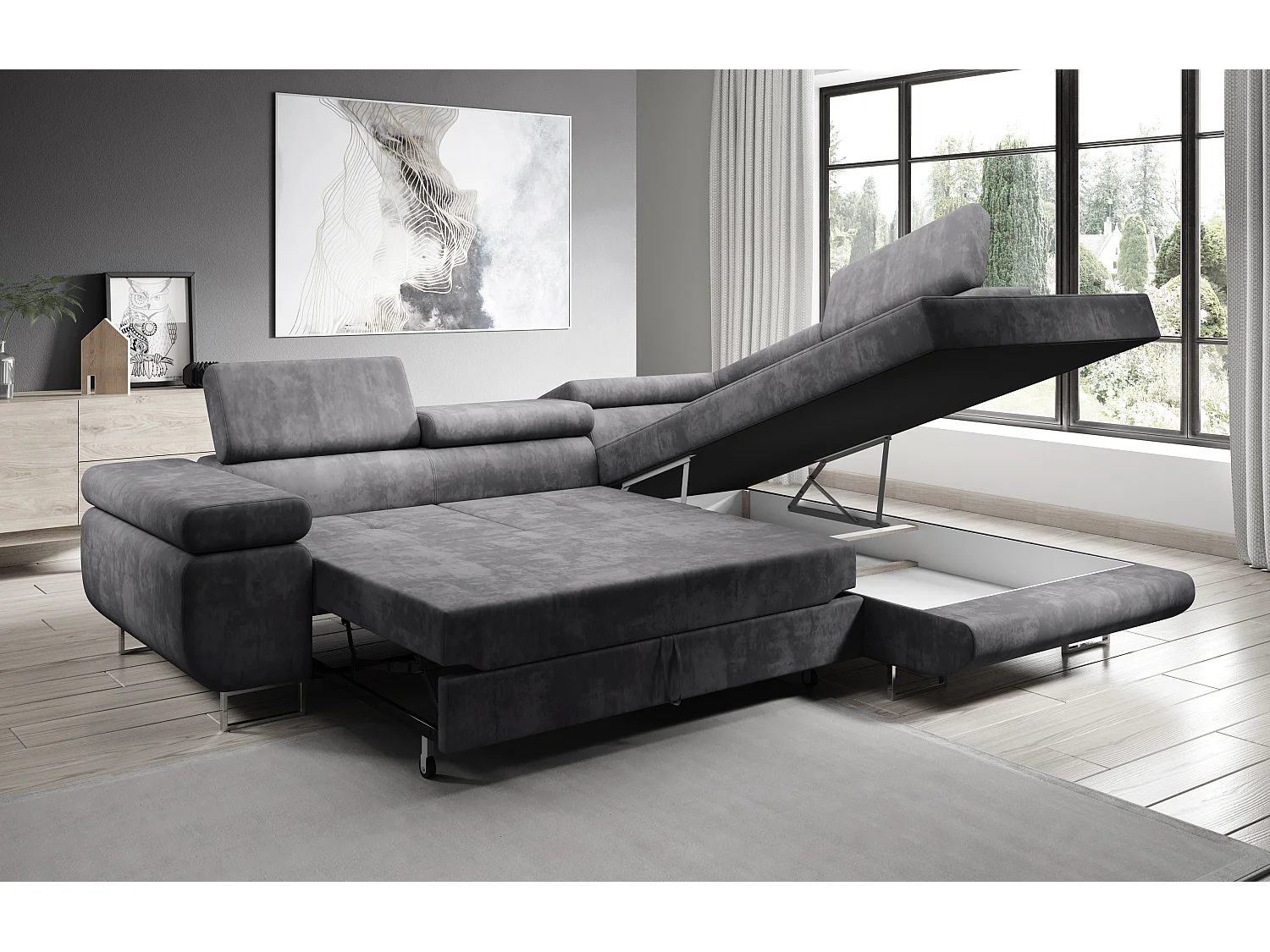 AX LIVING Canapé d’angle Kanya gris clair 275 cm convertible avec coffre droite