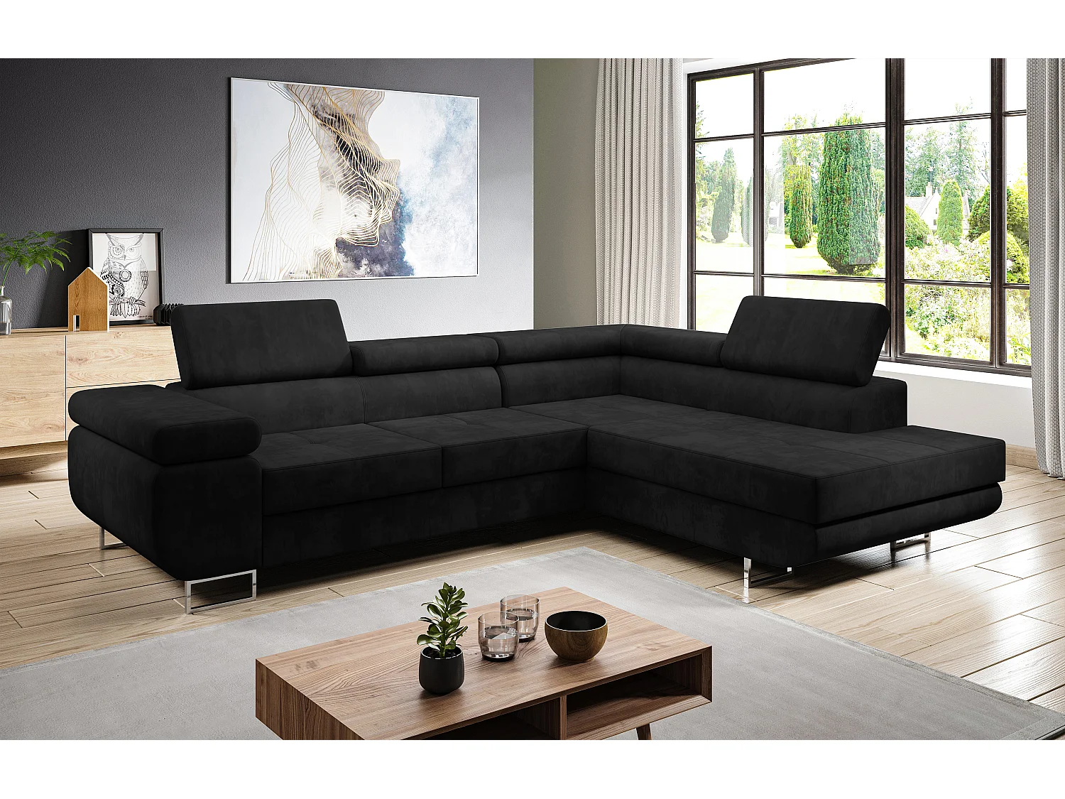 AX LIVING Canapé d’angle Kanya noir 275 cm convertible avec coffre droite