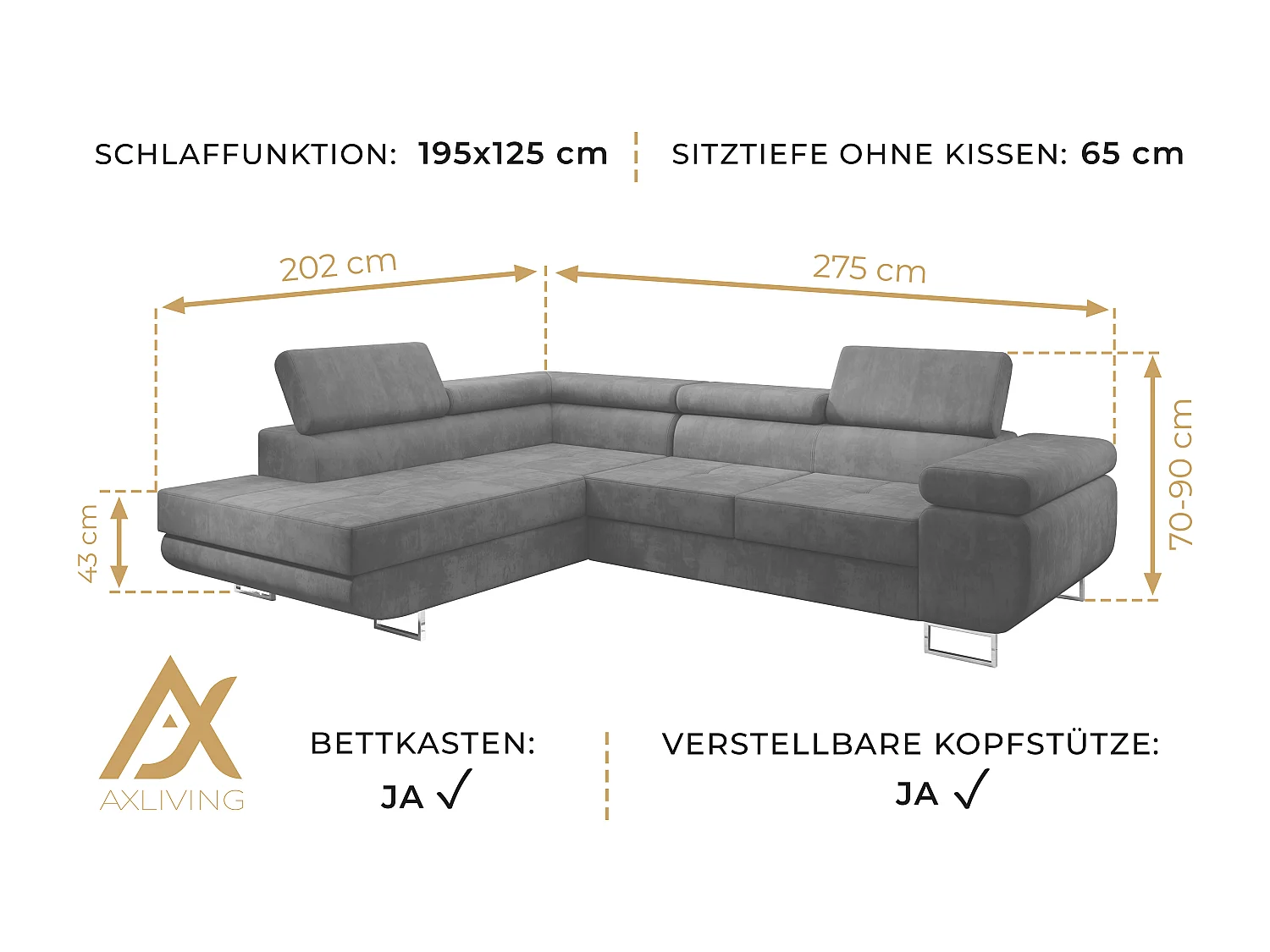 AX LIVING Canapé d’angle Kanya noir 275 cm convertible avec coffre droite